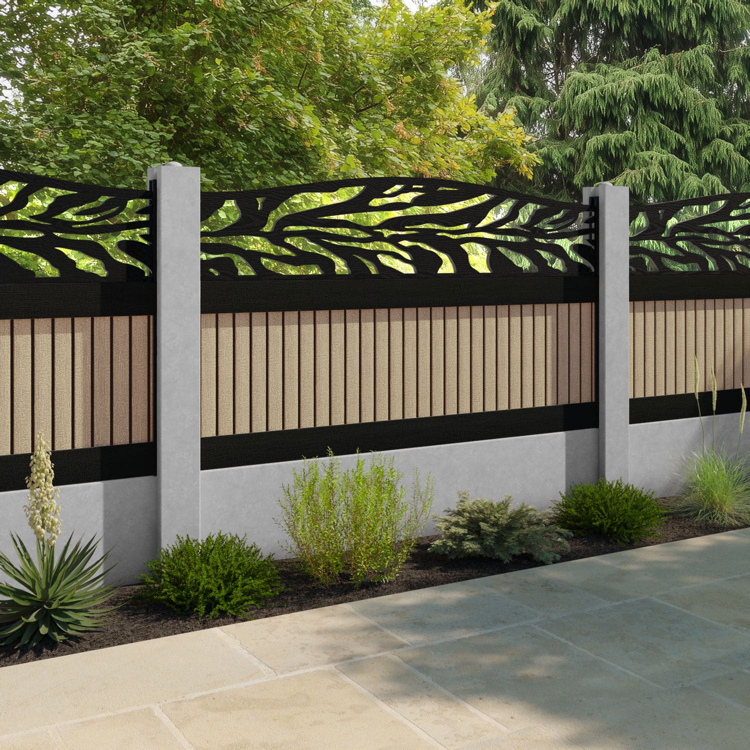 Virtis Malawi Curved Top Fence Panel - Light Oak - for existing concrete posts