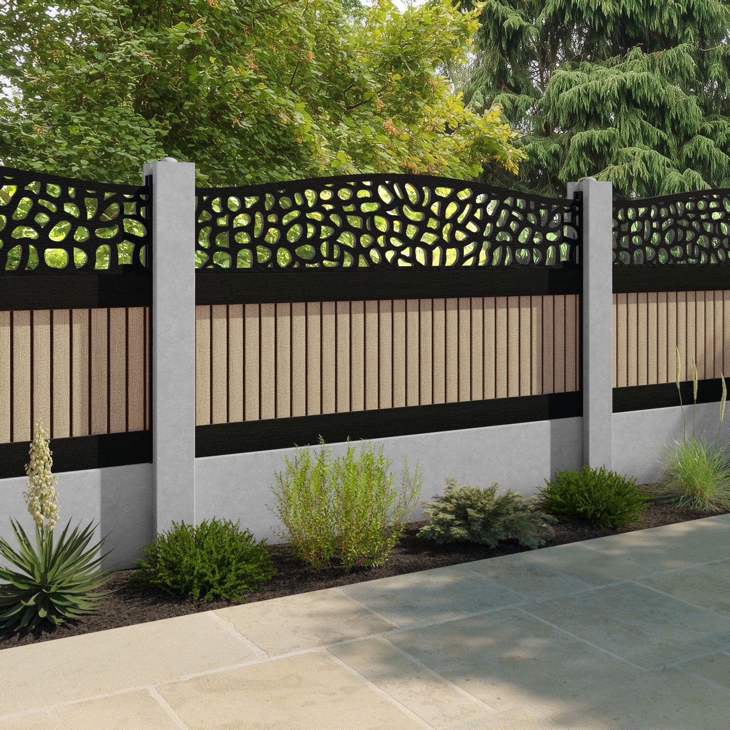 Virtis Pebble Curved Top Fence Panel - Light Oak - for existing concrete posts