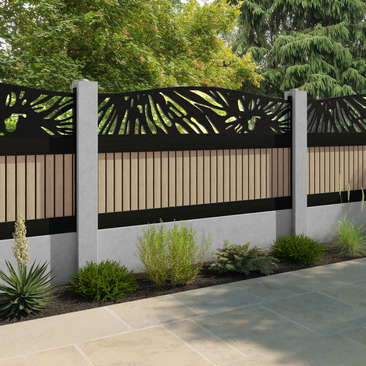 Virtis Poppy Curved Top Fence Panel - Light Oak - for existing concrete posts