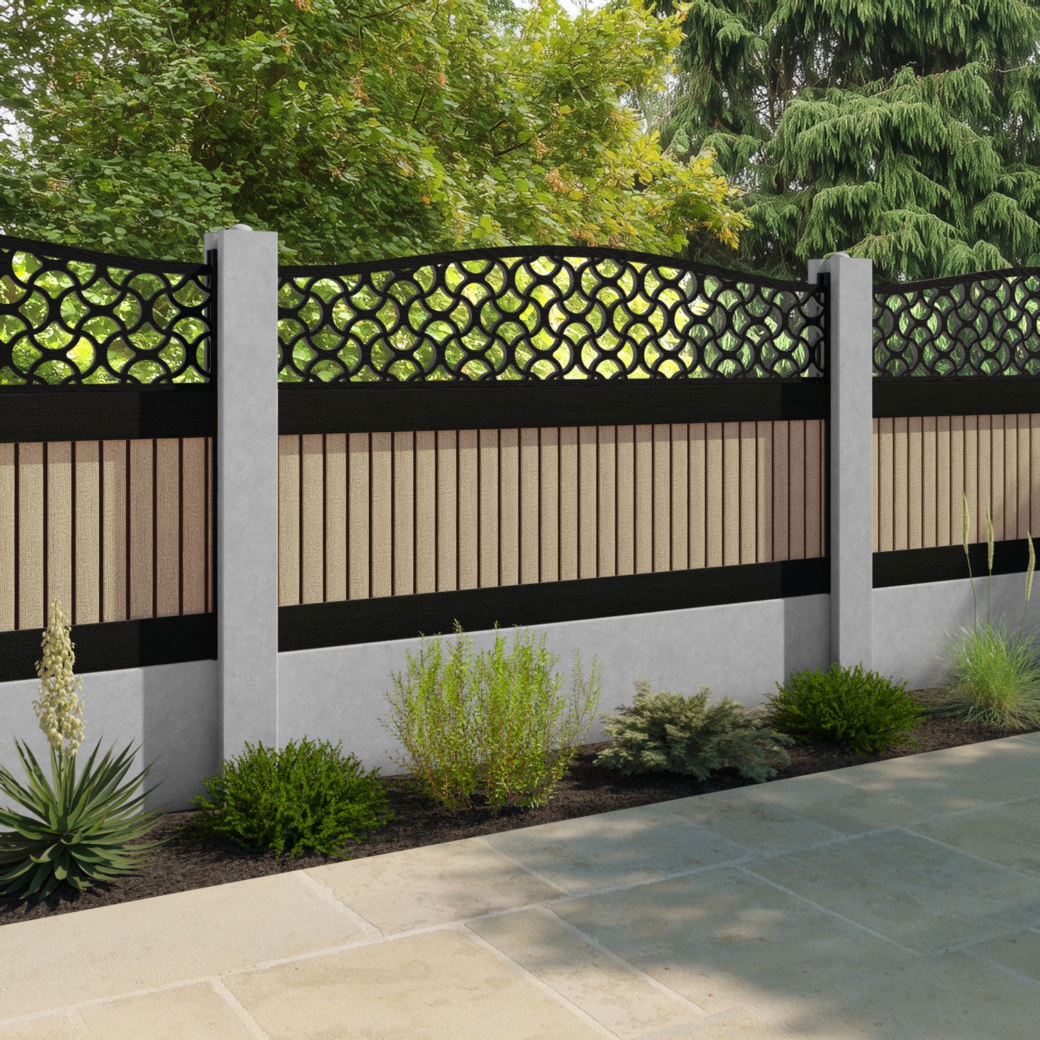 Virtis Vida Curved Top Fence Panel - Light Oak - for existing concrete posts
