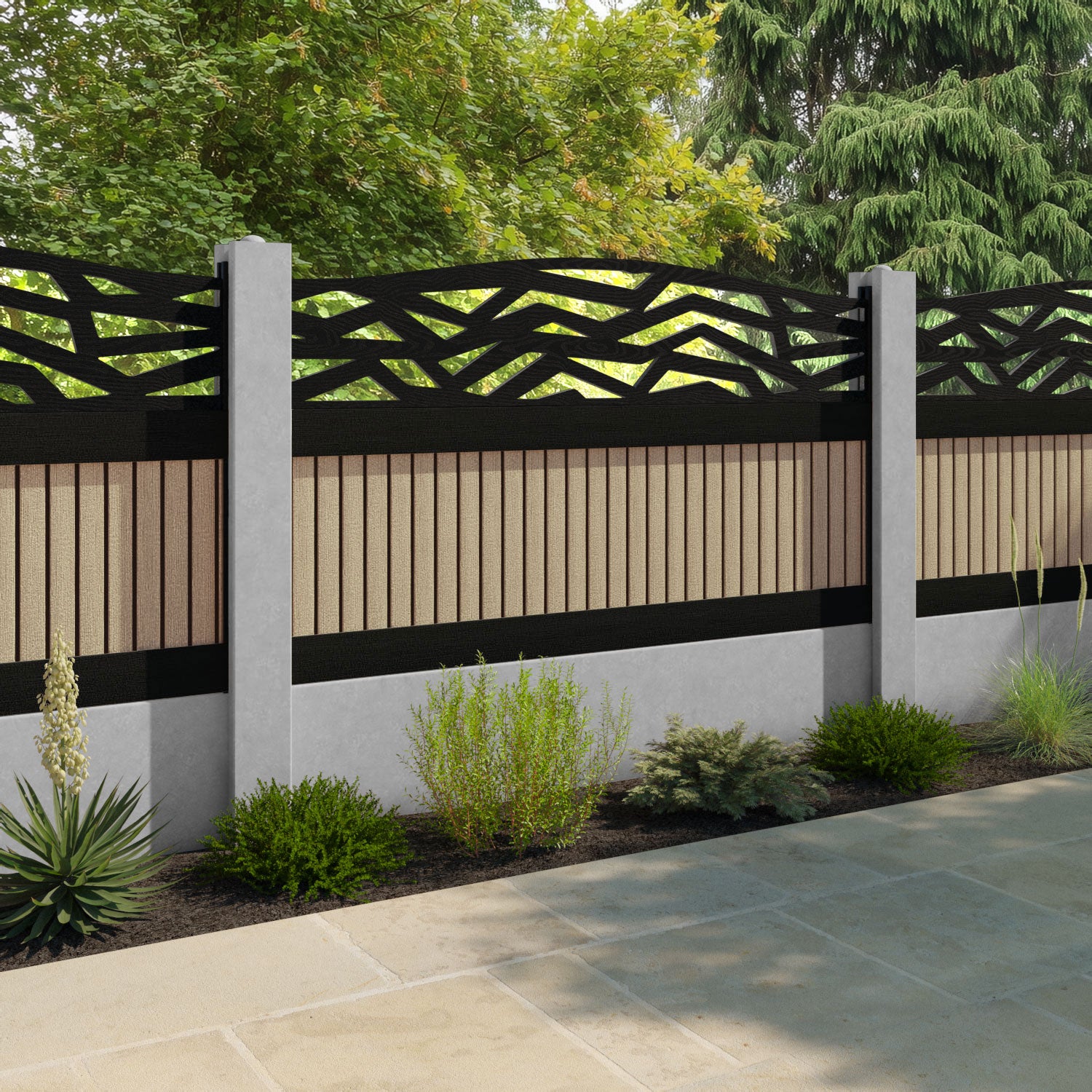Virtis Zenith Curved Top Fence Panel - Light Oak - for existing concrete posts
