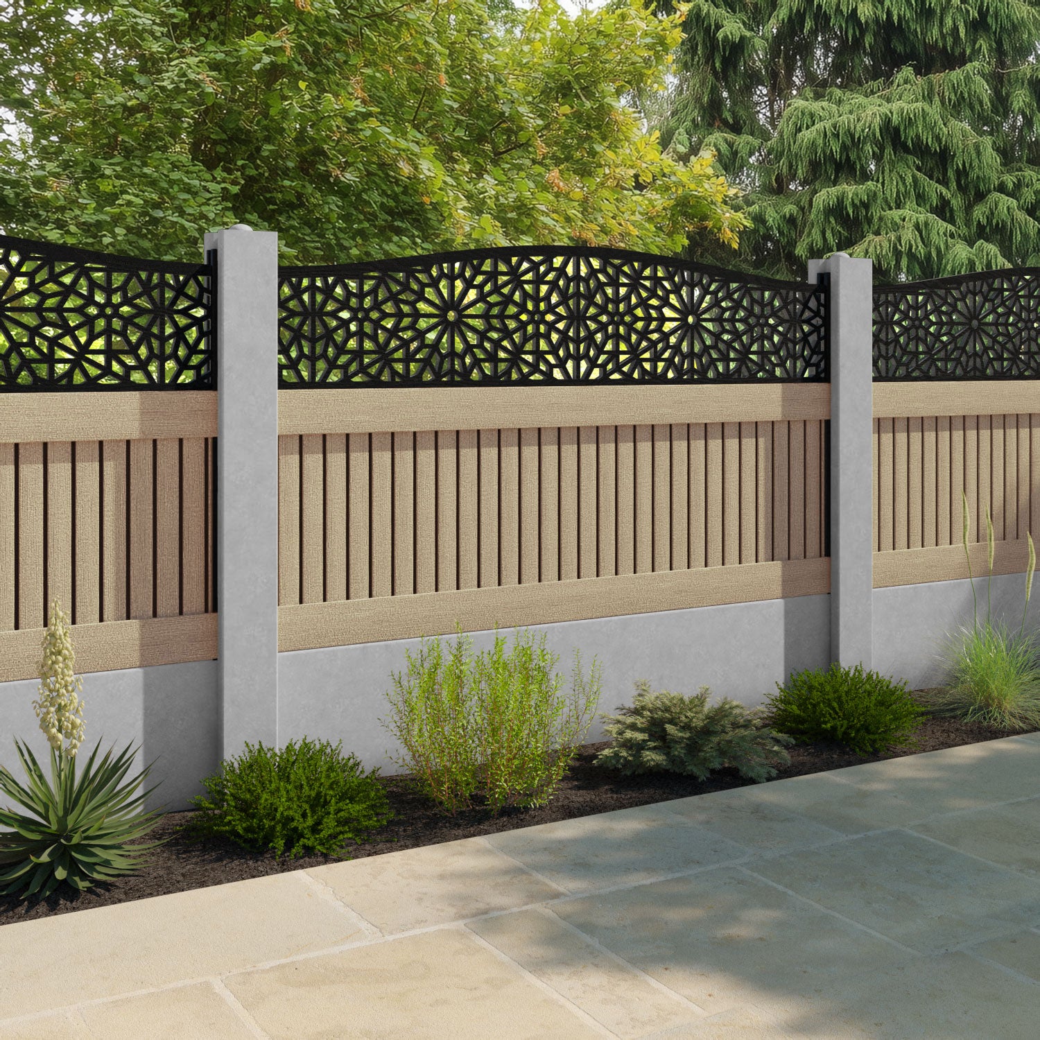 Virtis Alnara Curved Top Fence Panel - Light Oak - for existing concrete posts