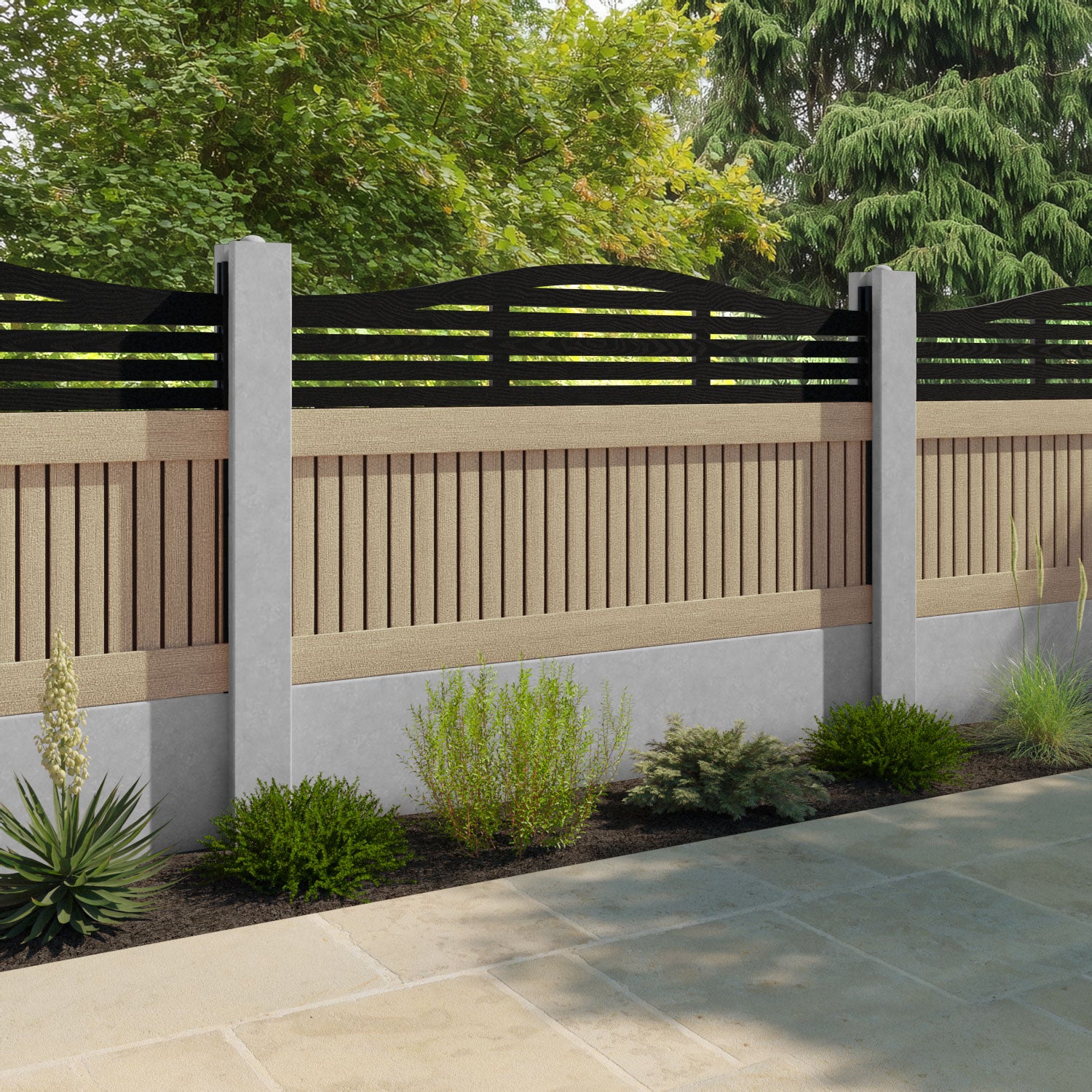 Virtis Aspen Curved Top Fence Panel - Light Oak - for existing concrete posts