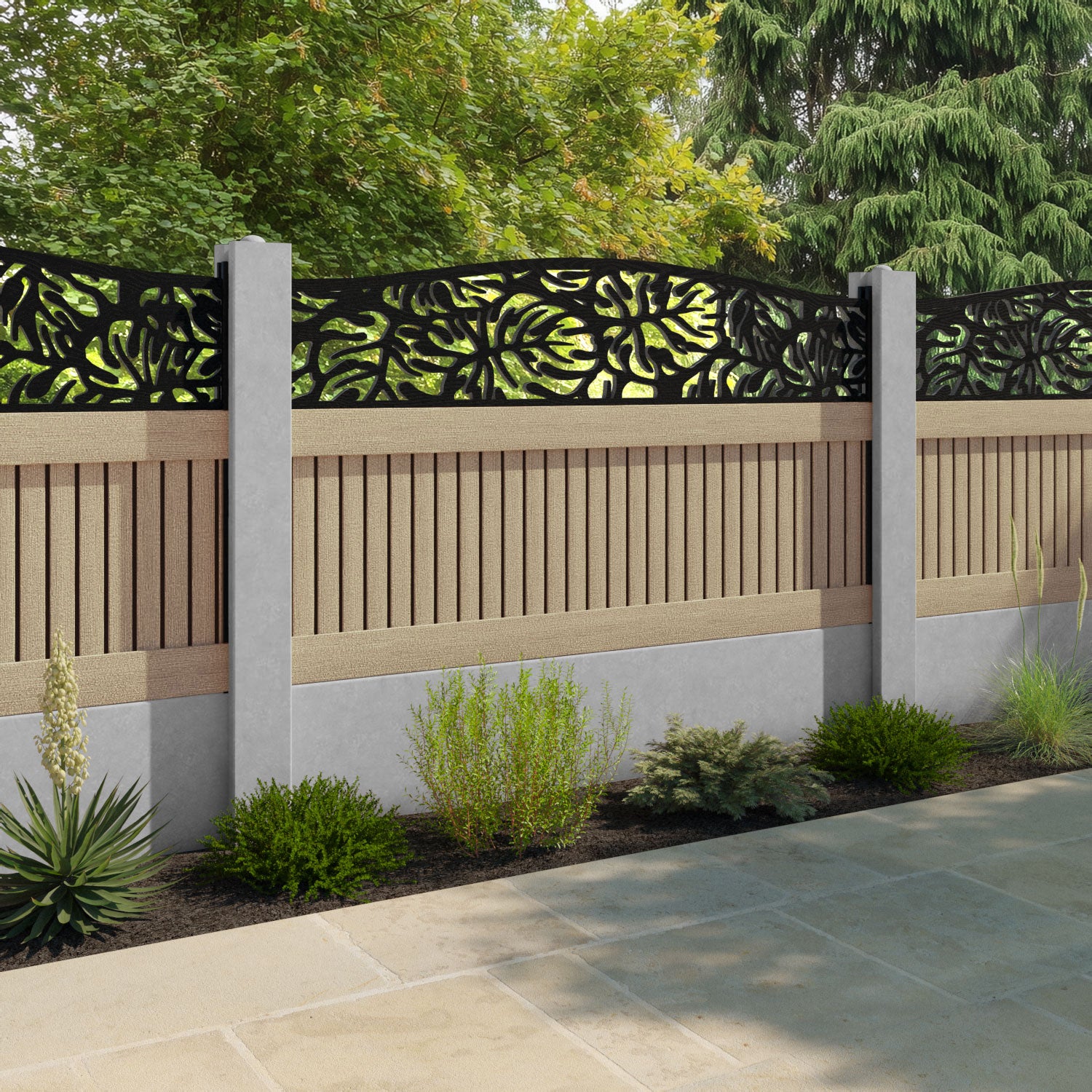 Virtis Botanic Curved Top Fence Panel - Light Oak - for existing concrete posts