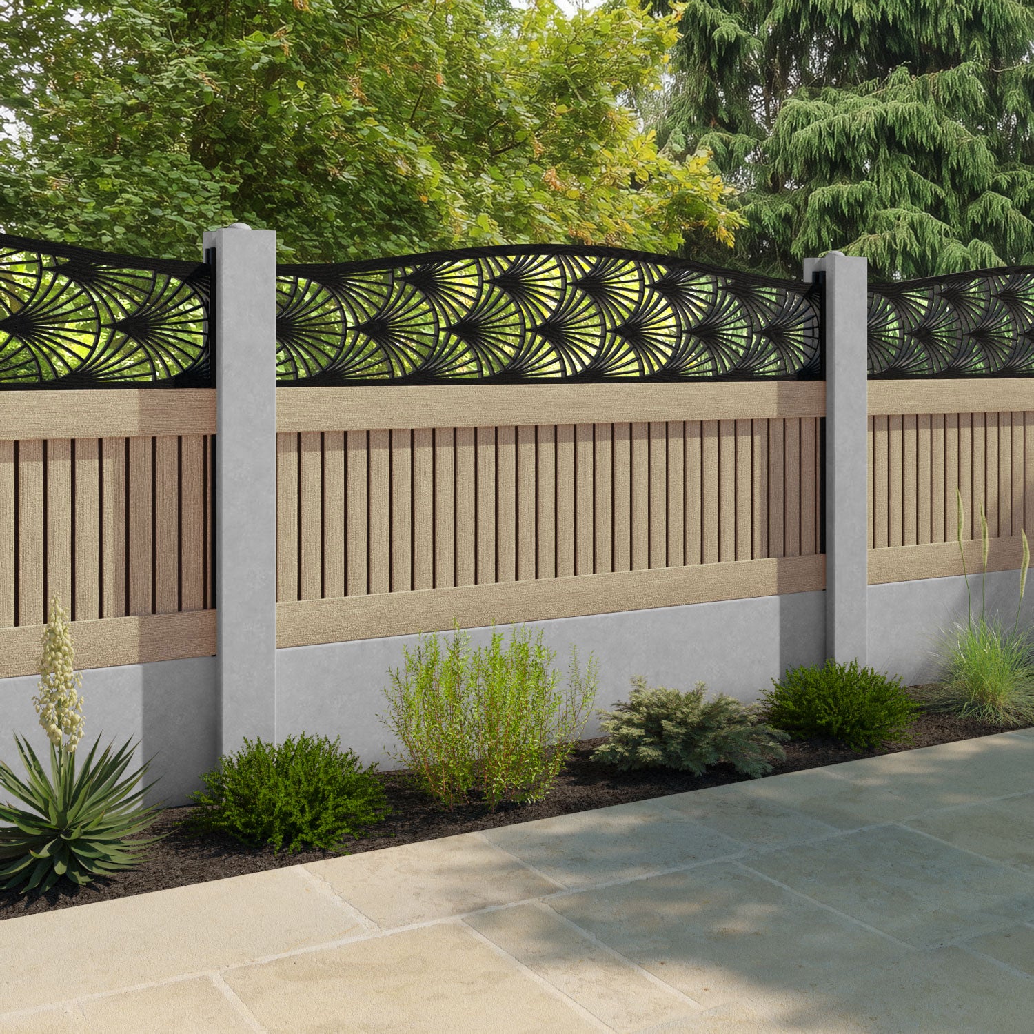 Virtis Laurel Curved Top Fence Panel - Light Oak - for existing concrete posts