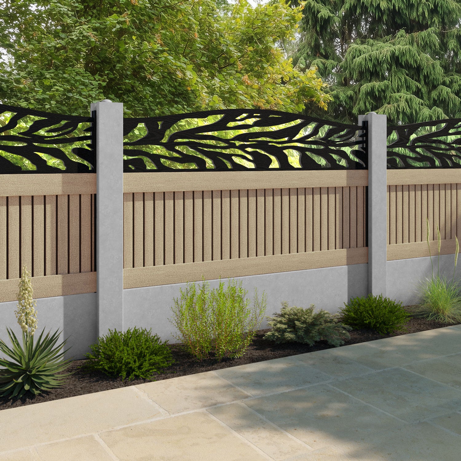 Virtis Malawi Curved Top Fence Panel - Light Oak - for existing concrete posts