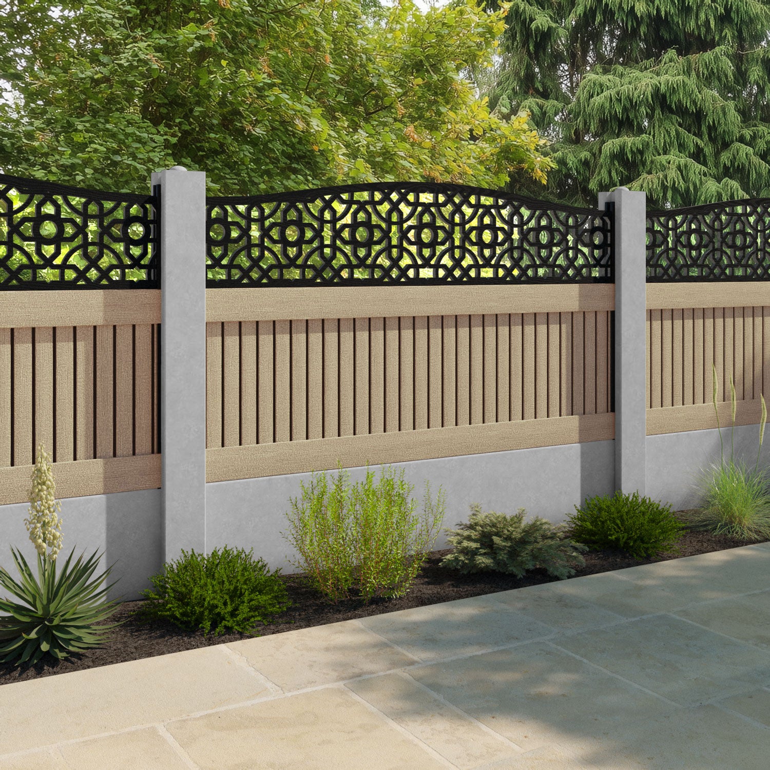 Virtis Nabila Curved Top Fence Panel - Light Oak - for existing concrete posts