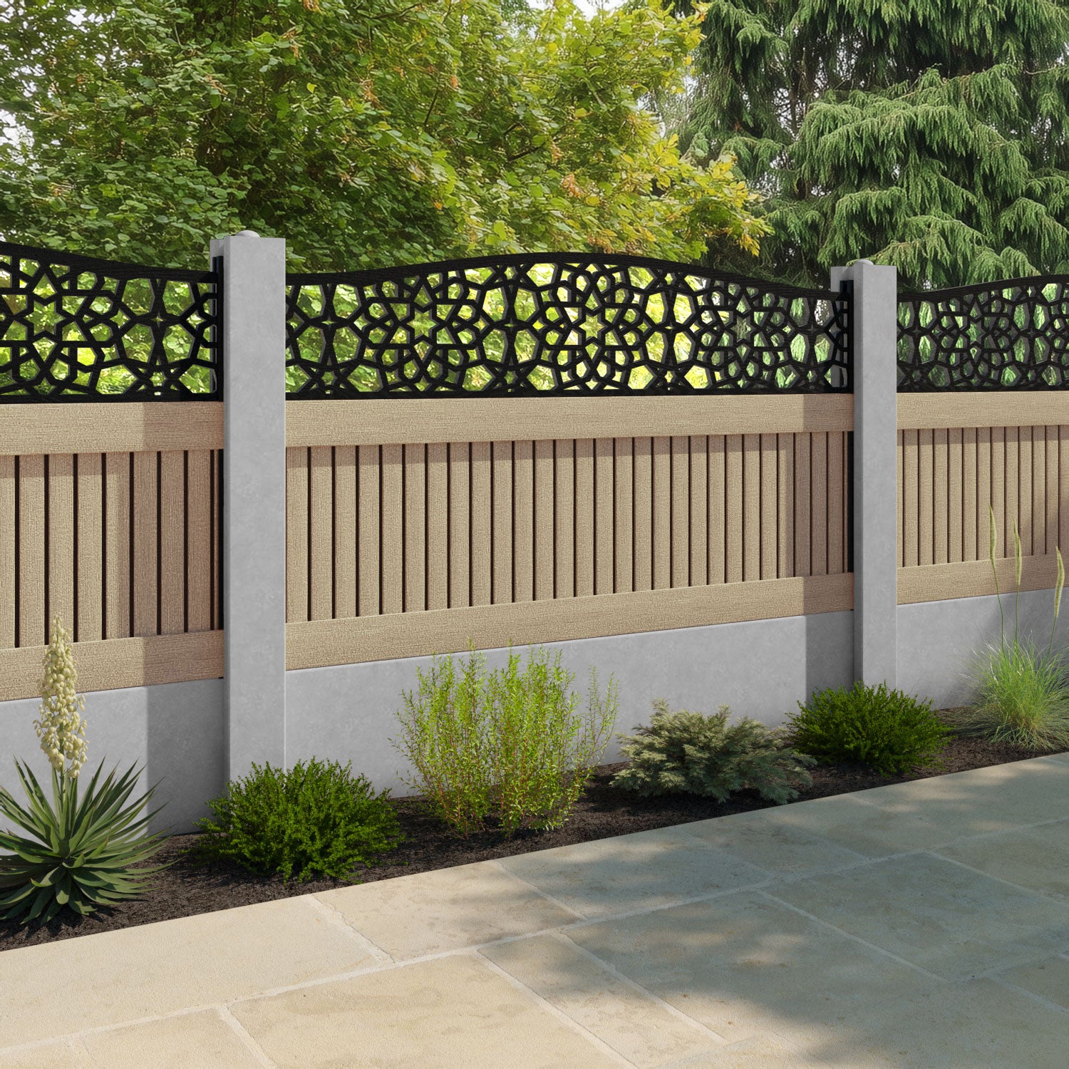 Virtis Nazira Curved Top Fence Panel - Light Oak - for existing concrete posts