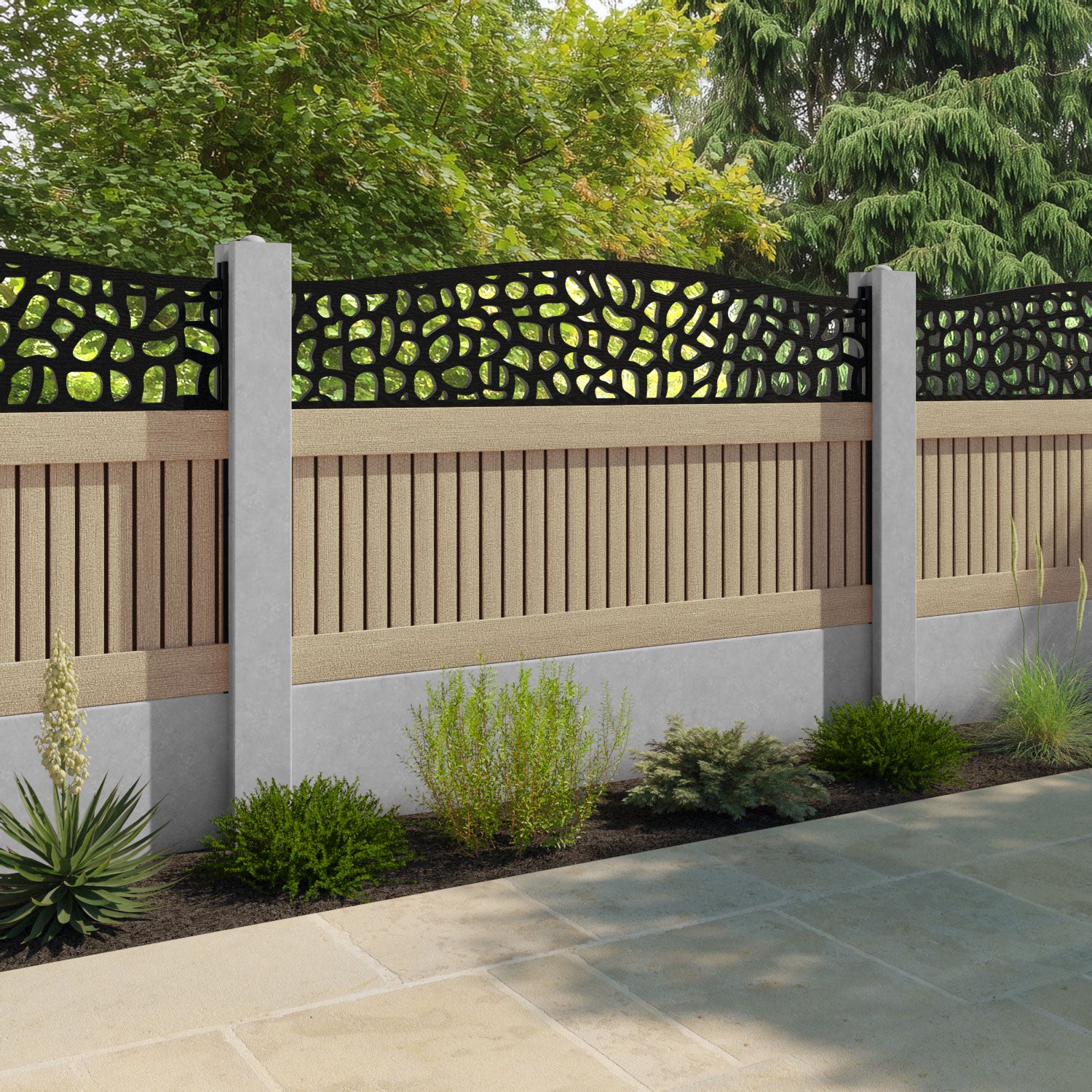 Virtis Pebble Curved Top Fence Panel - Light Oak - for existing concrete posts