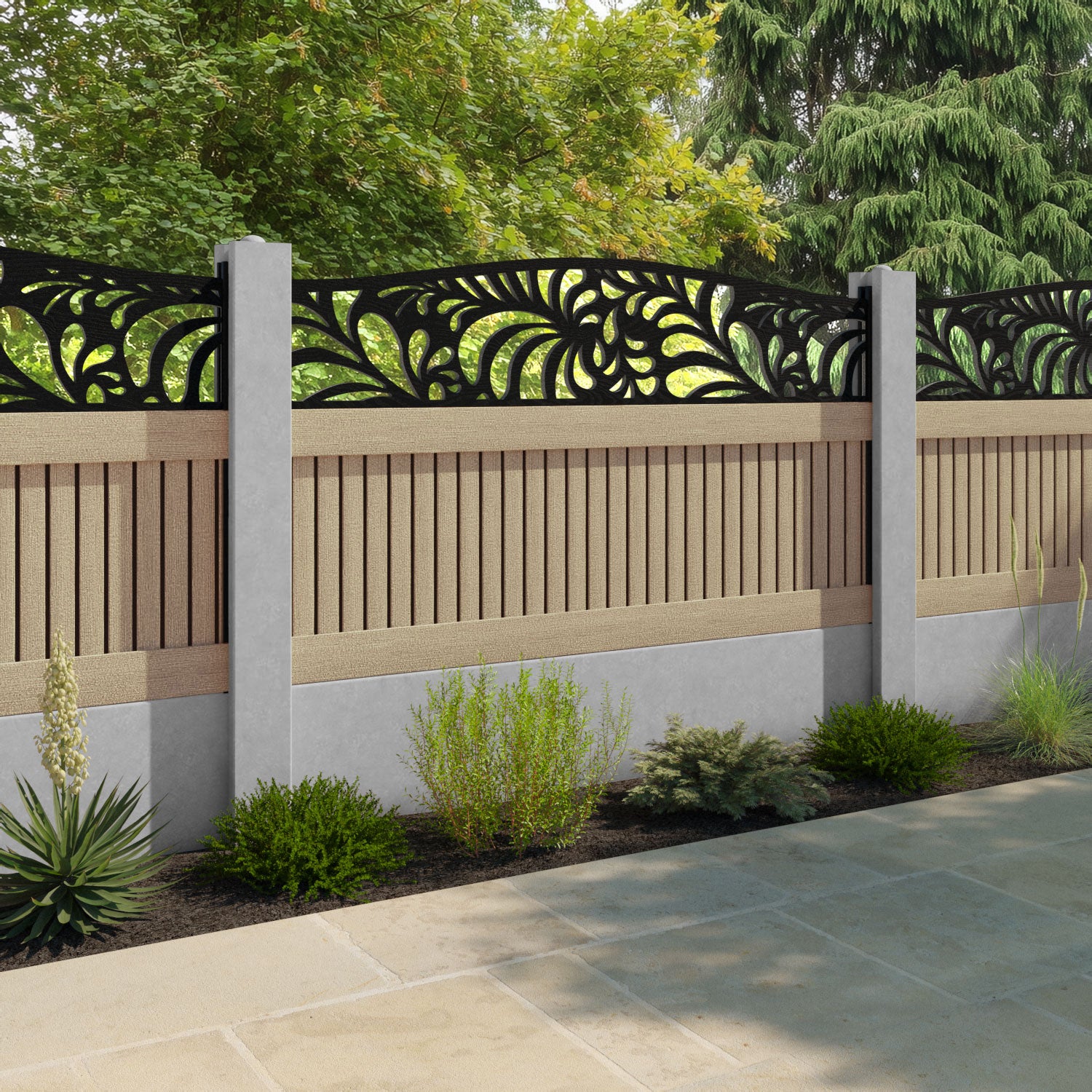 Virtis Petal Curved Top Fence Panel - Light Oak - for existing concrete posts