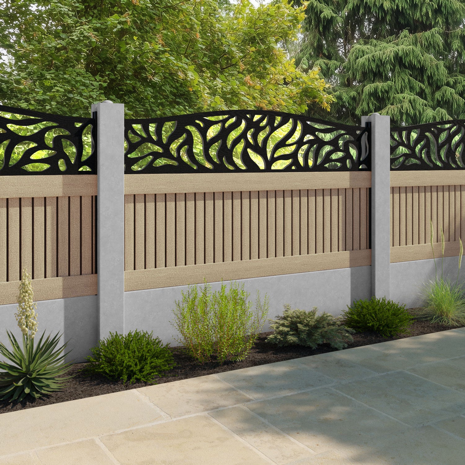 Virtis Plume Curved Top Fence Panel - Light Oak - for existing concrete posts