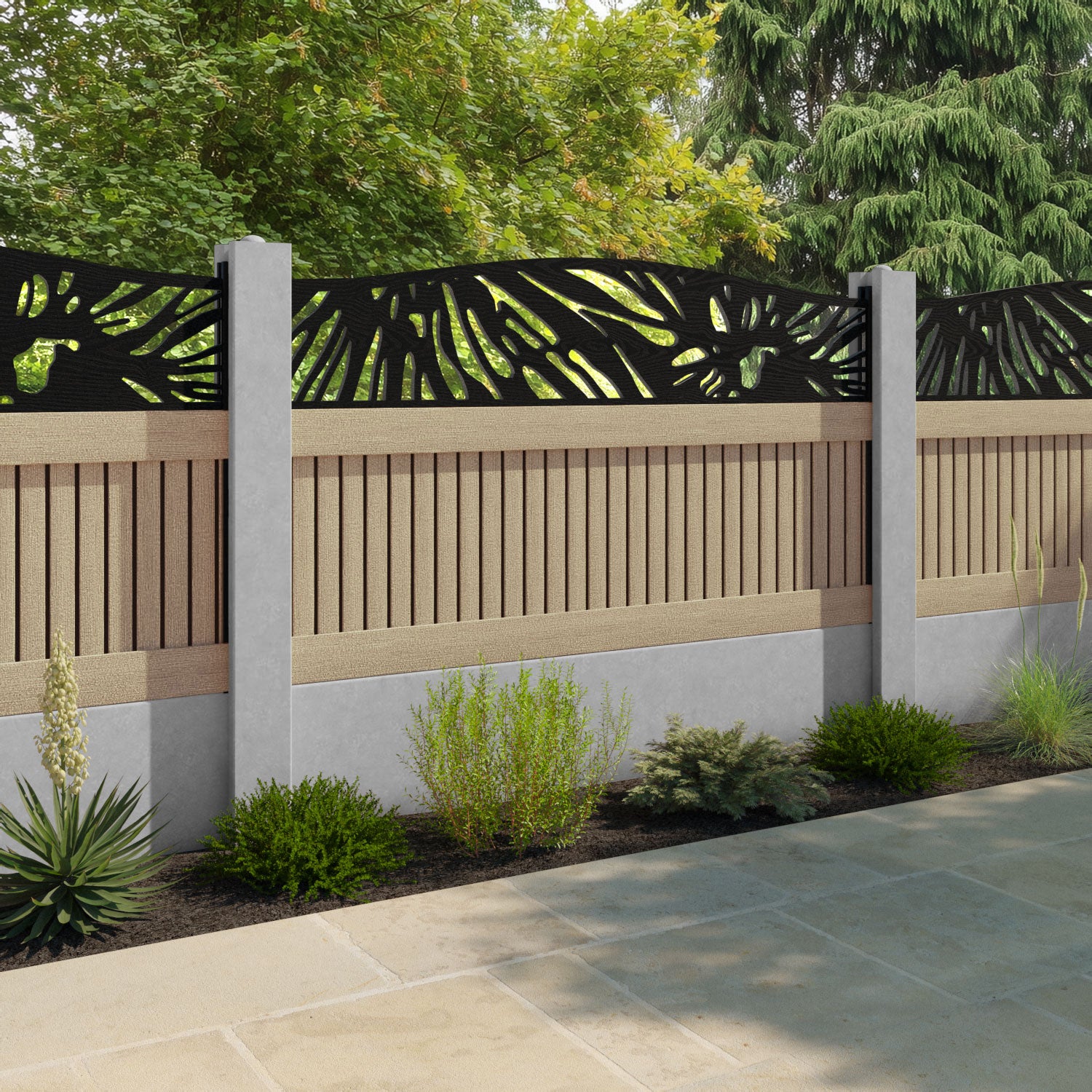 Virtis Poppy Curved Top Fence Panel - Light Oak - for existing concrete posts