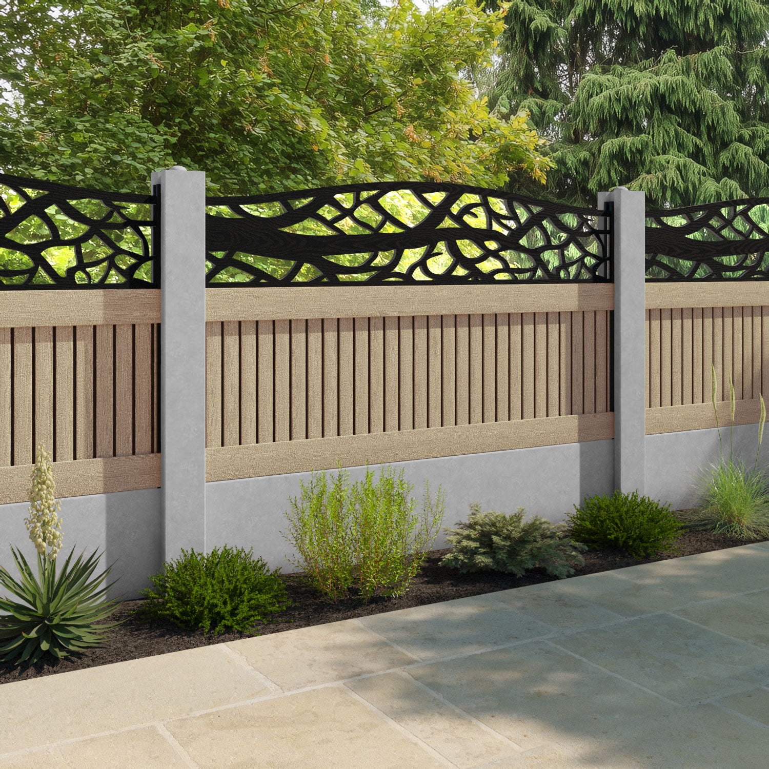 Virtis Twilight Curved Top Fence Panel - Light Oak - for existing concrete posts