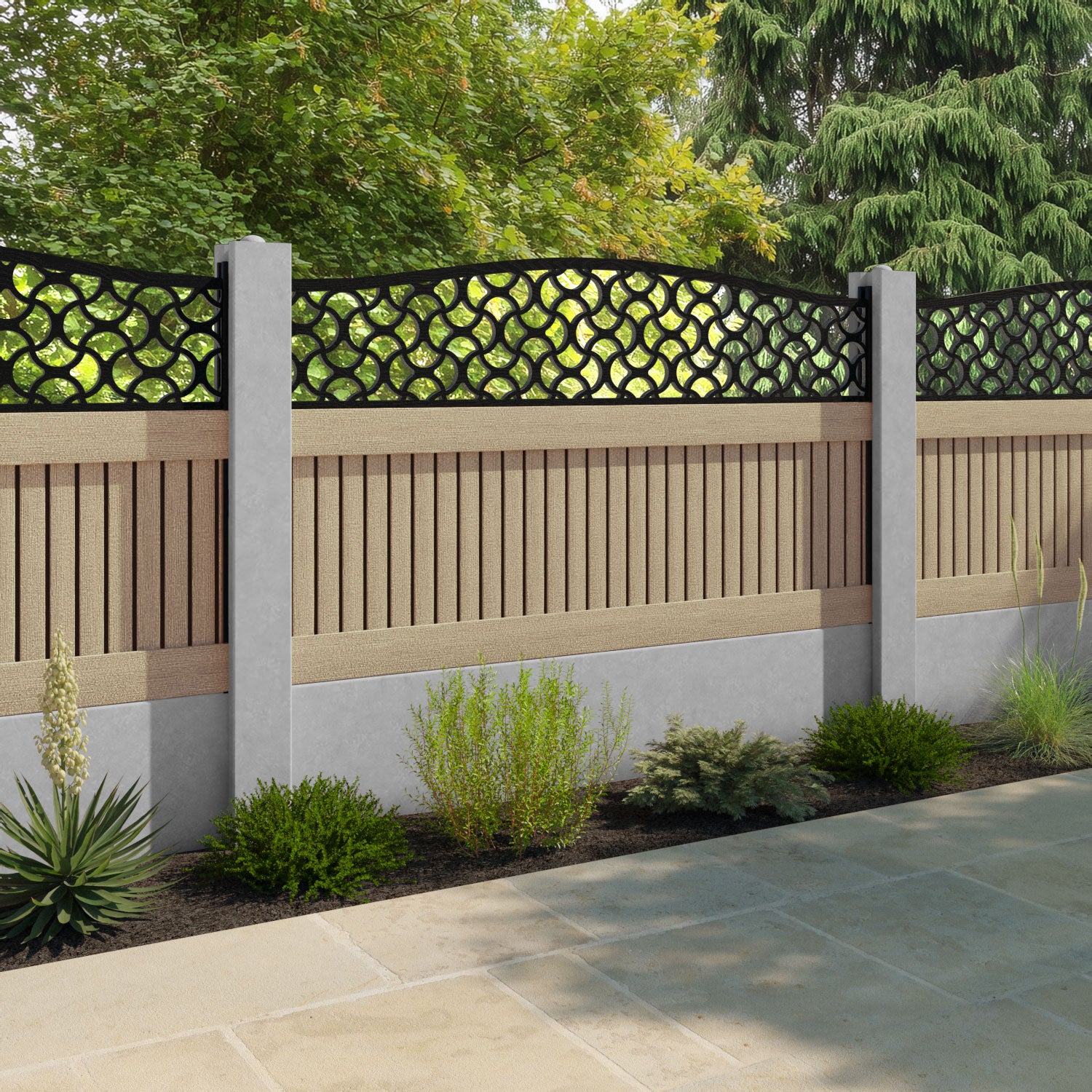 Virtis Vida Curved Top Fence Panel - Light Oak - for existing concrete posts
