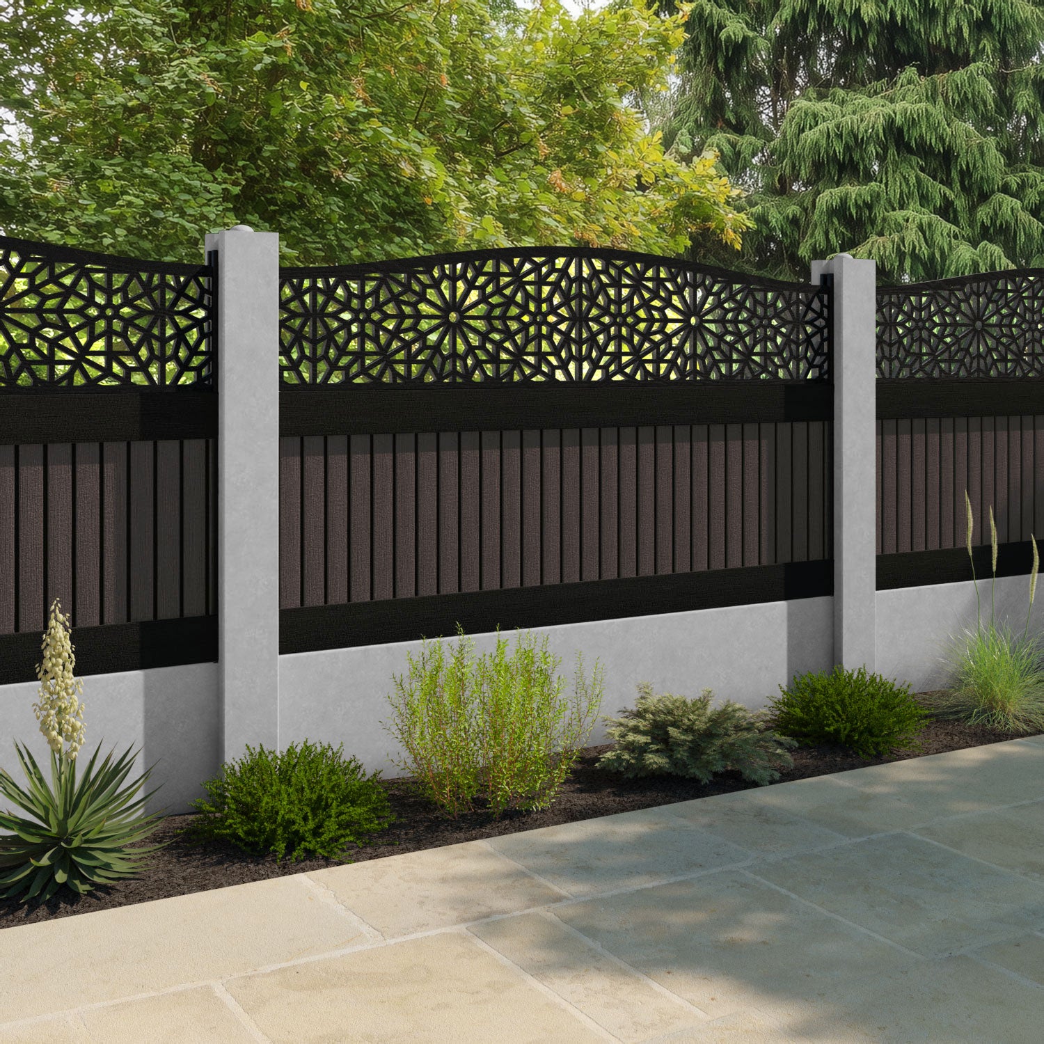 Virtis Alnara Curved Top Fence Panel - Mid Brown - for existing concrete posts