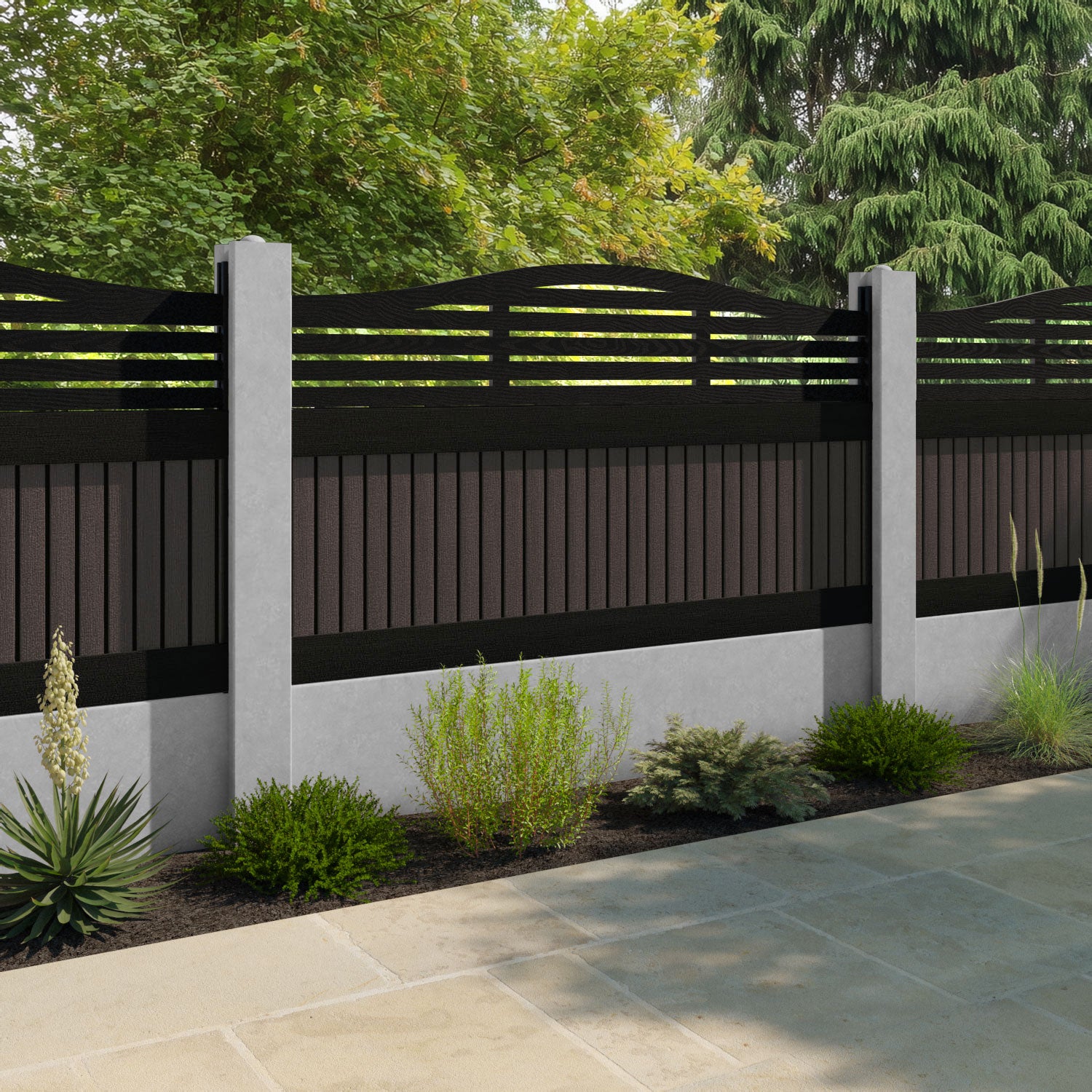 Virtis Aspen Curved Top Fence Panel - Mid Brown - for existing concrete posts
