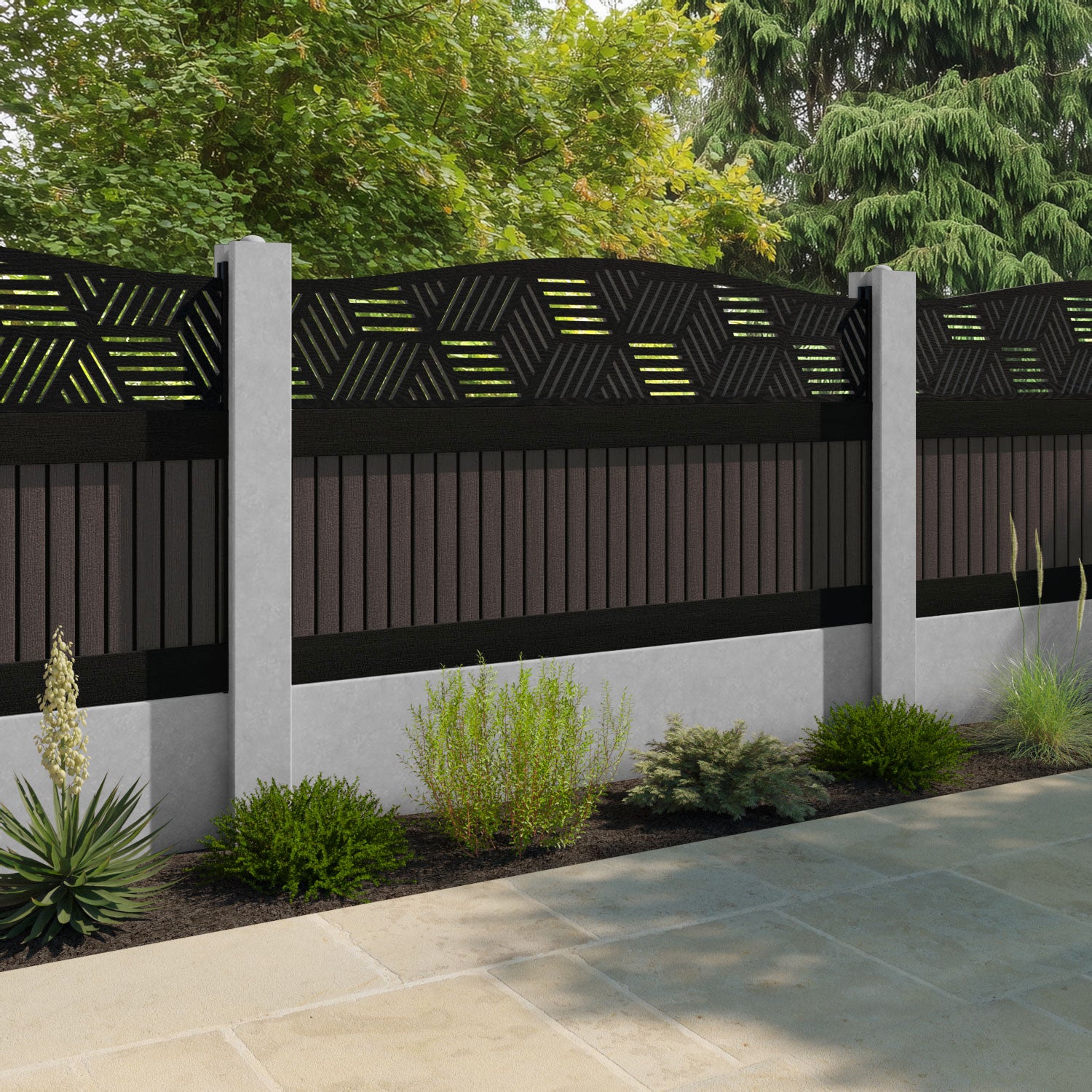 Virtis Cubed Curved Top Fence Panel - Mid Brown - for existing concrete posts