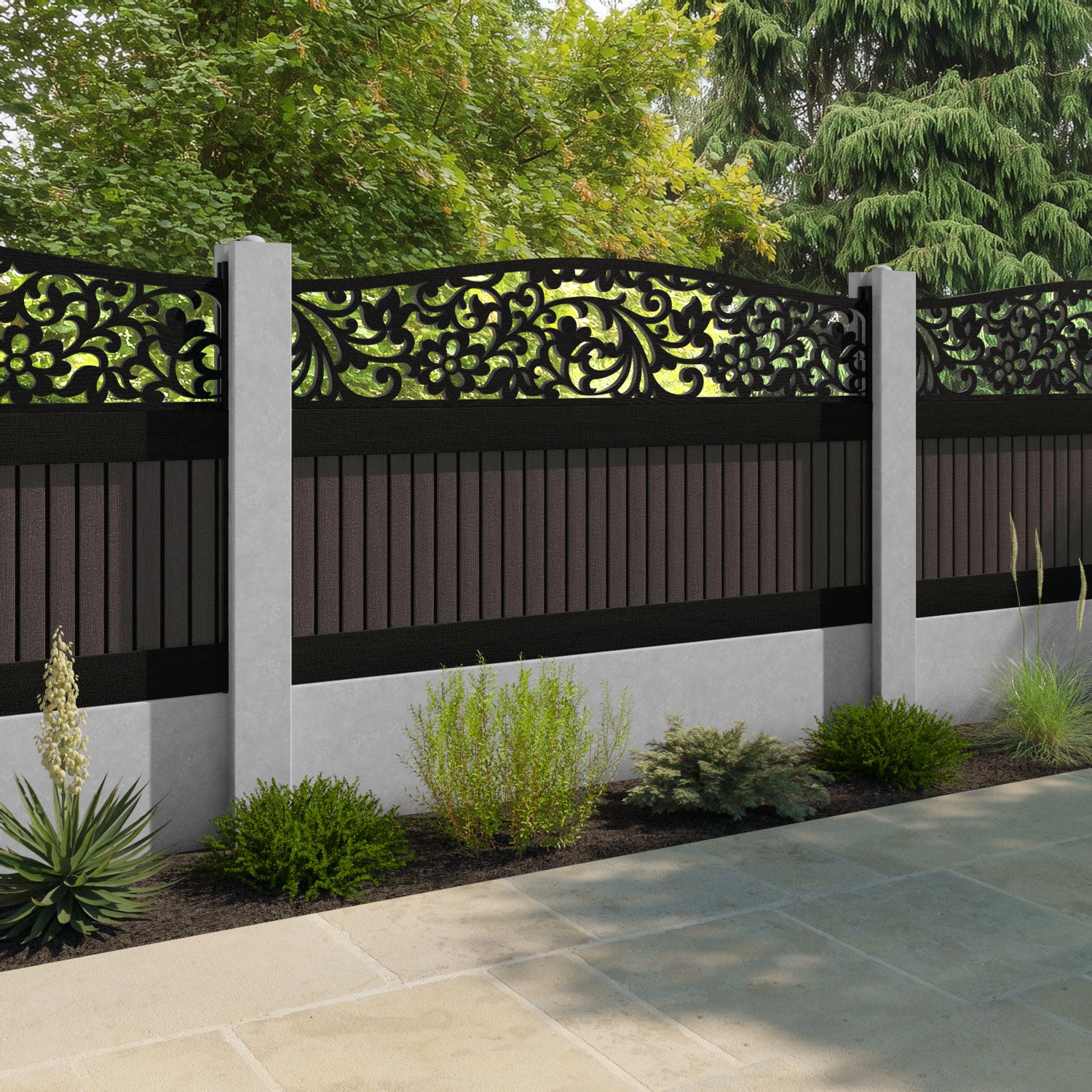 Virtis Eden Curved Top Fence Panel - Mid Brown - for existing concrete posts