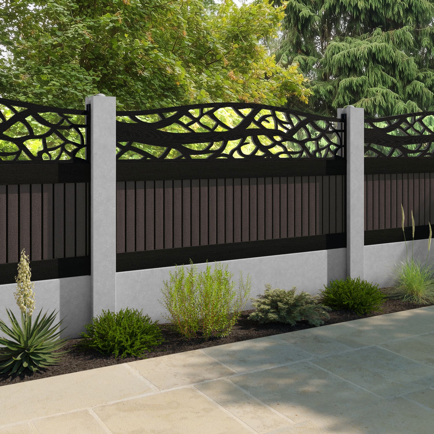 Virtis Twilight Curved Top Fence Panel - Mid Brown - for existing concrete posts