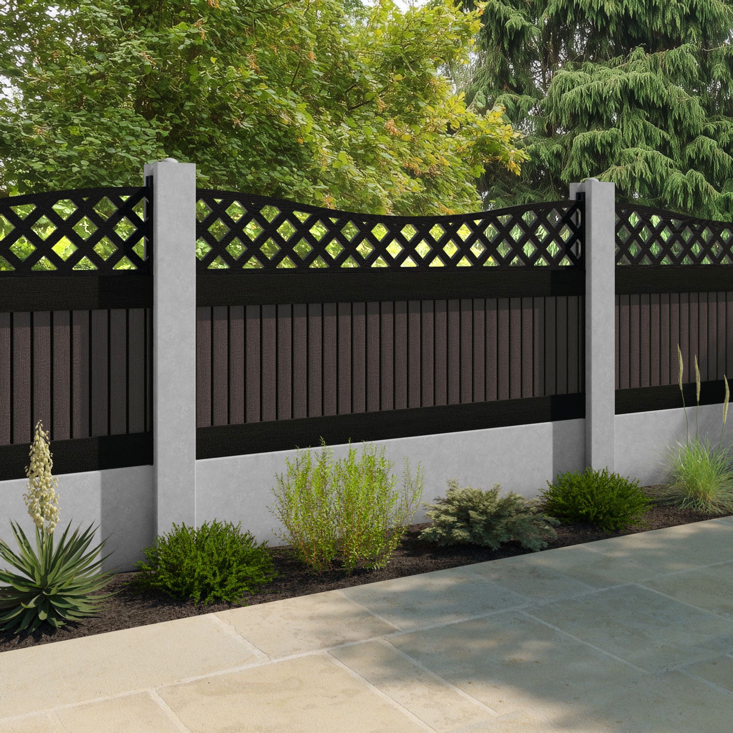 Virtis Low Wave Fence Panel - Mid Brown - for existing concrete posts