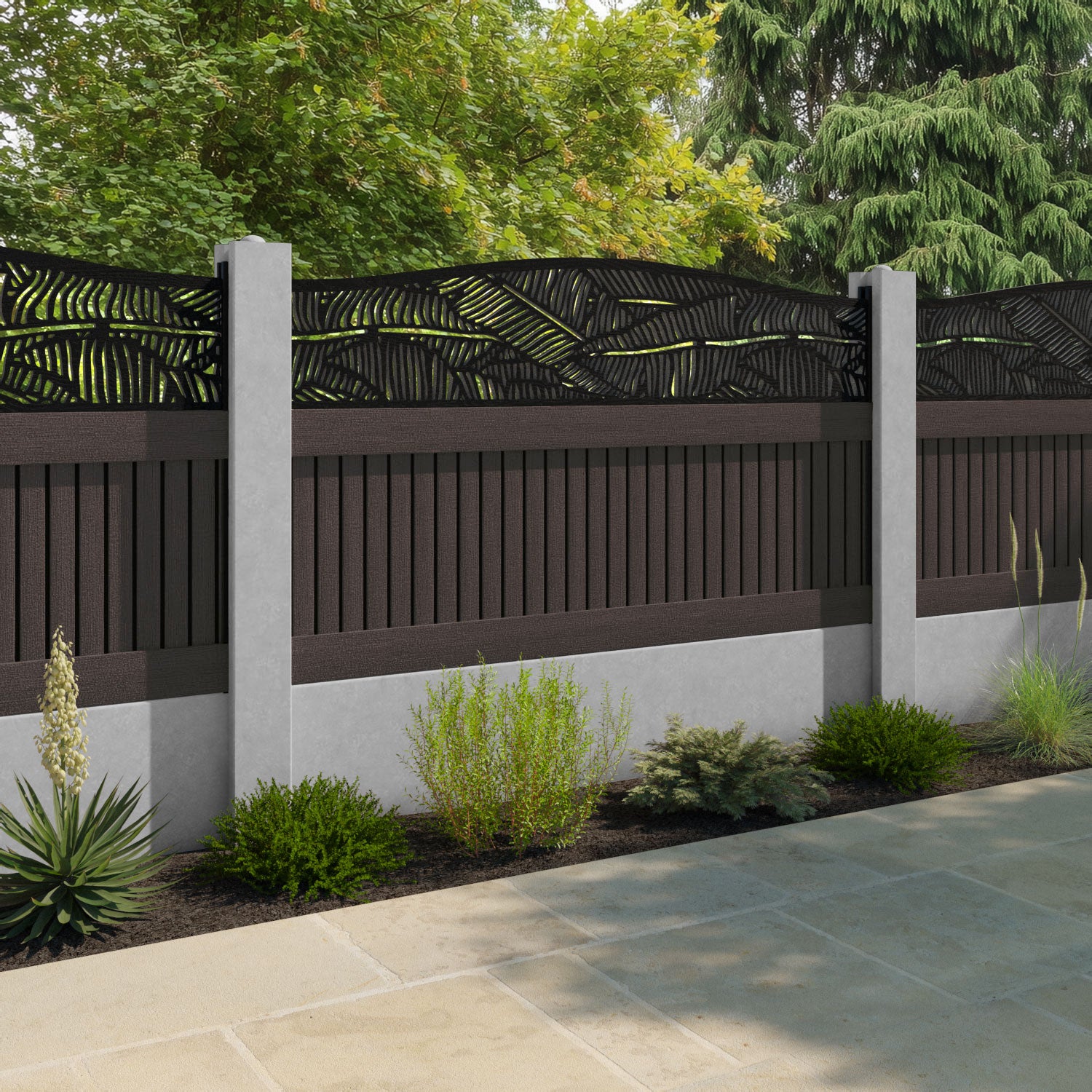 Virtis Feather Curved Top Fence Panel - Mid Brown - for existing concrete posts