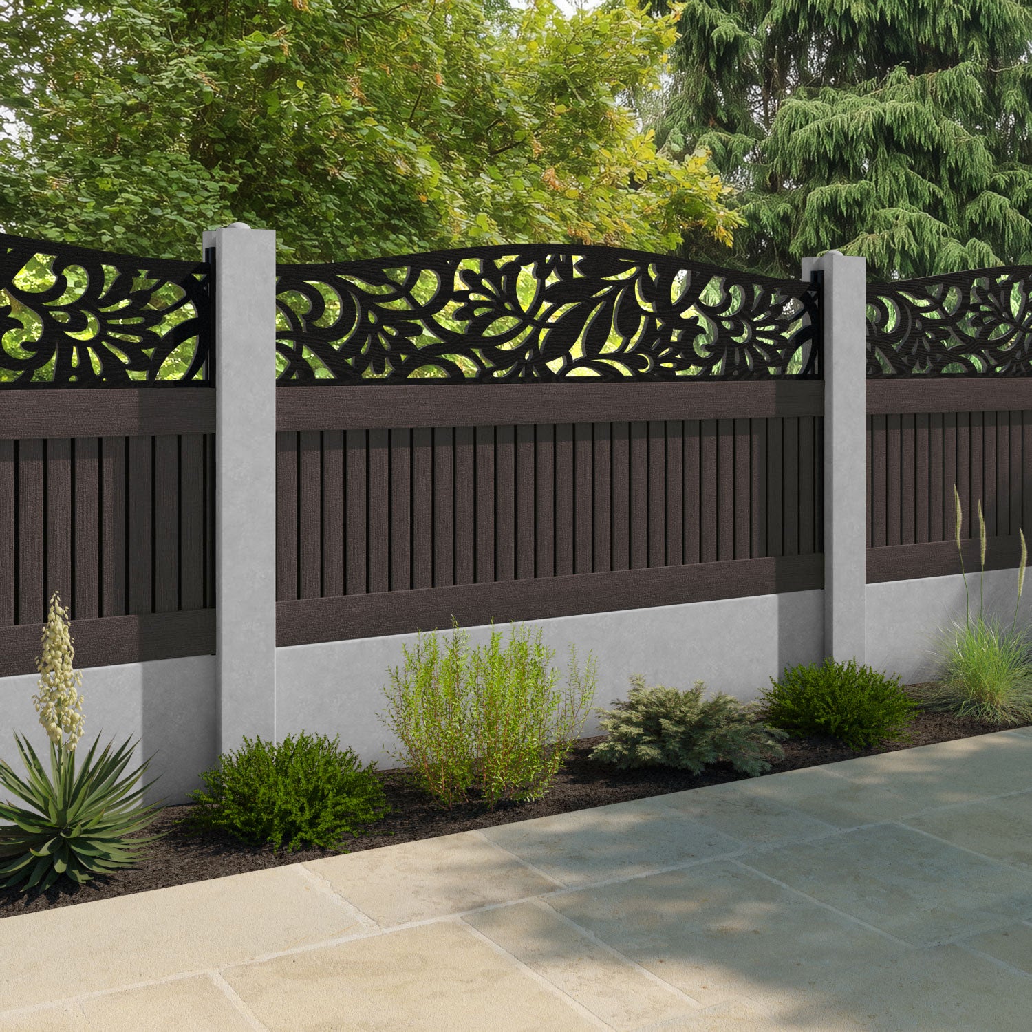 Virtis Heritage Curved Top Fence Panel - Mid Brown - for existing concrete posts
