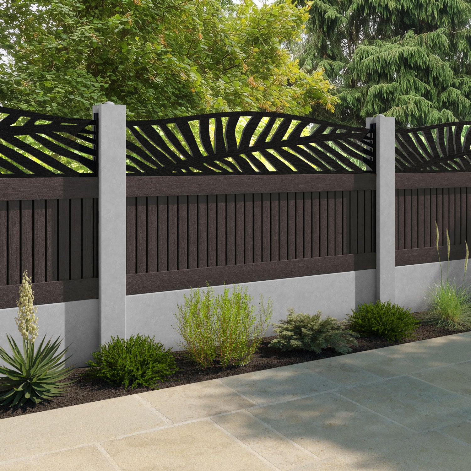 Virtis Palm Curved Top Fence Panel - Mid Brown - for existing concrete posts