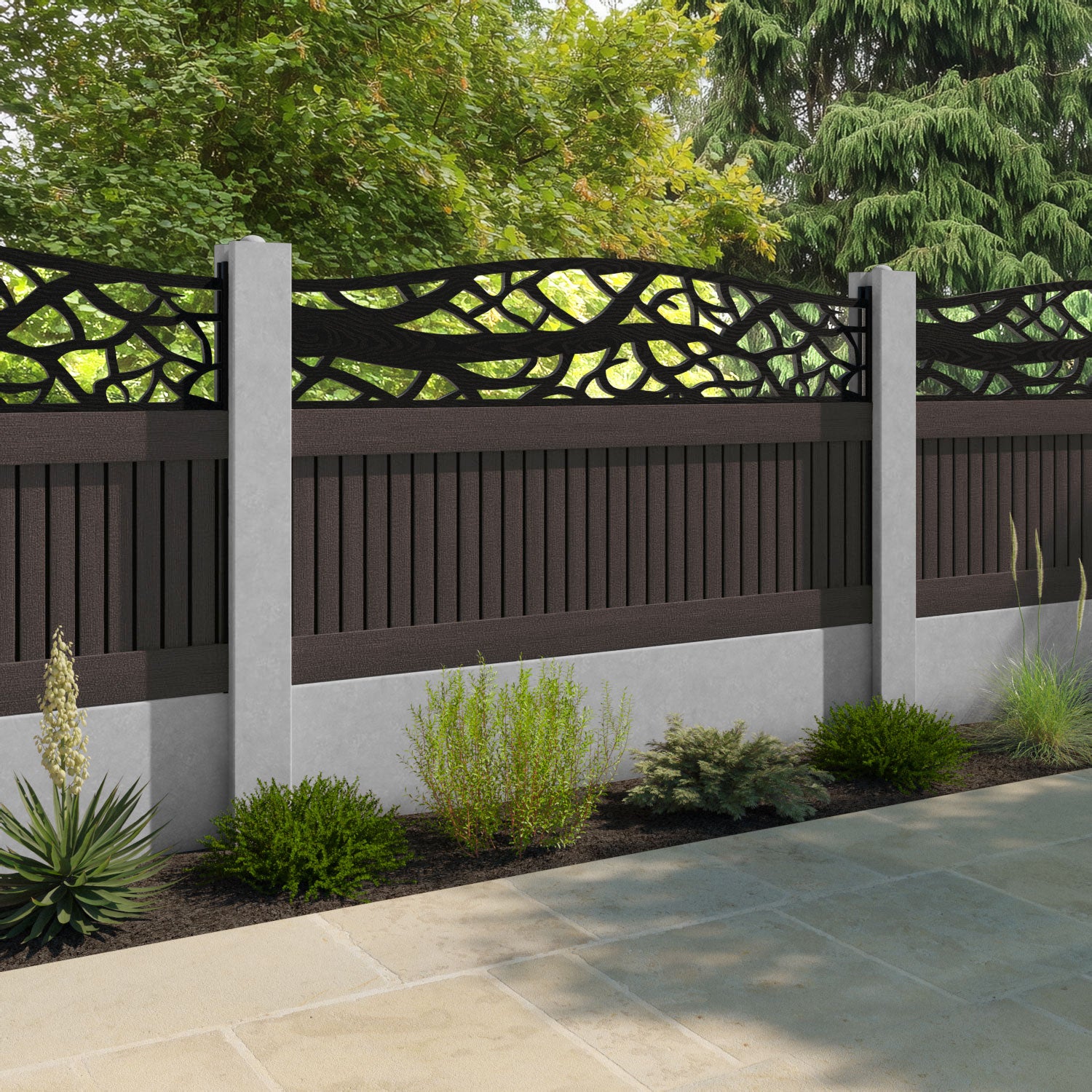 Virtis Twilight Curved Top Fence Panel - Mid Brown - for existing concrete posts