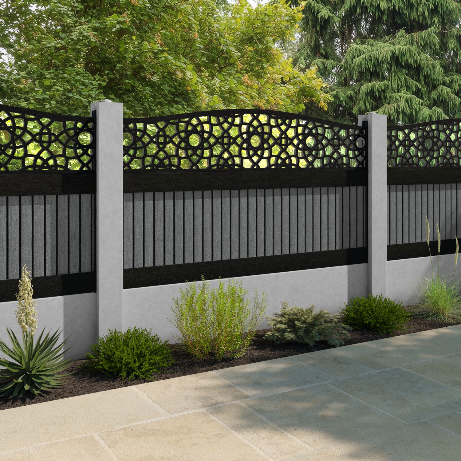 Virtis Ambar Curved Top Fence Panel - Mid Grey - for existing concrete posts