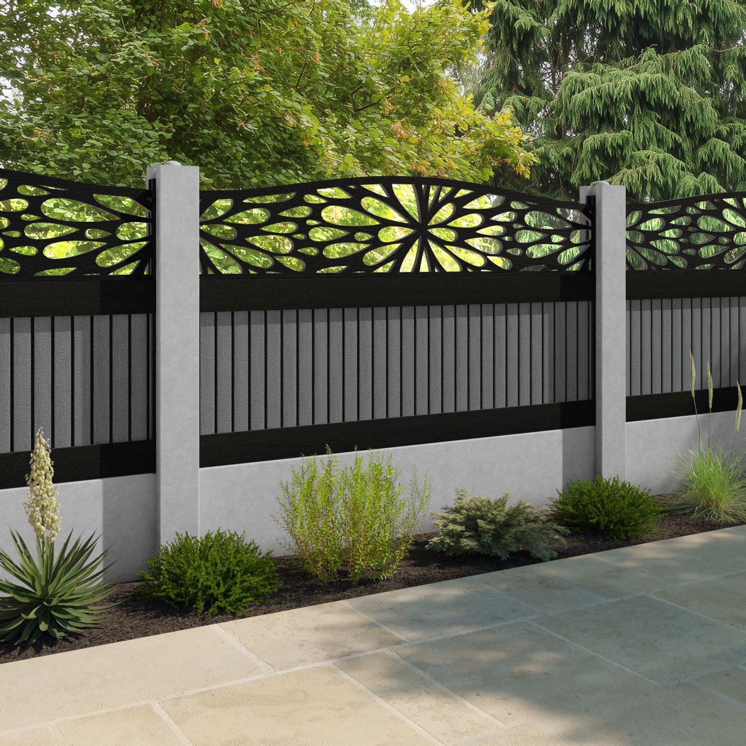 Virtis Blossom Curved Top Fence Panel - Mid Grey - for existing concrete posts