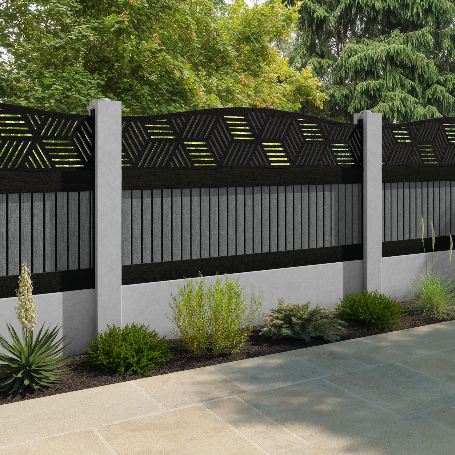 Virtis Cubed Curved Top Fence Panel - Mid Grey - for existing concrete posts