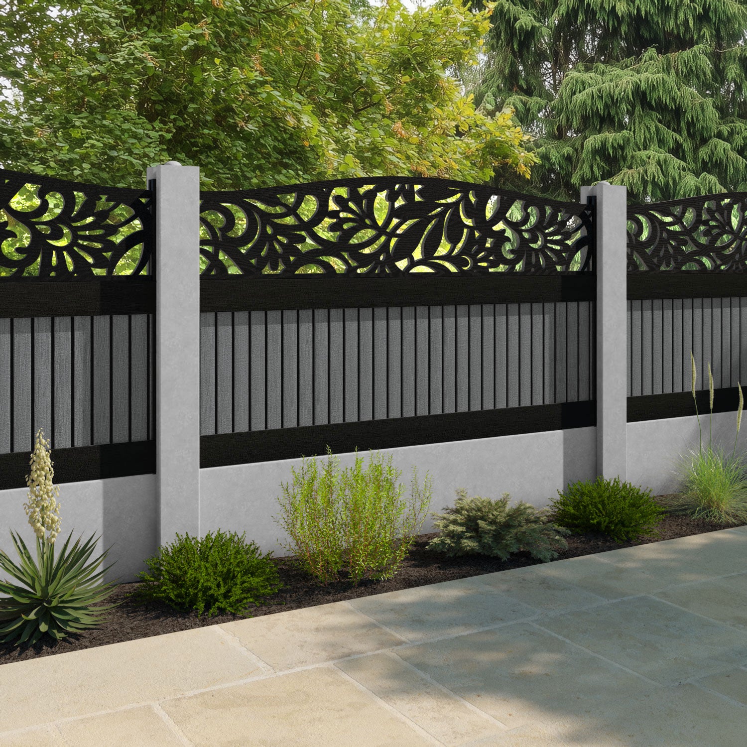 Virtis Heritage Curved Top Fence Panel - Mid Grey - for existing concrete posts