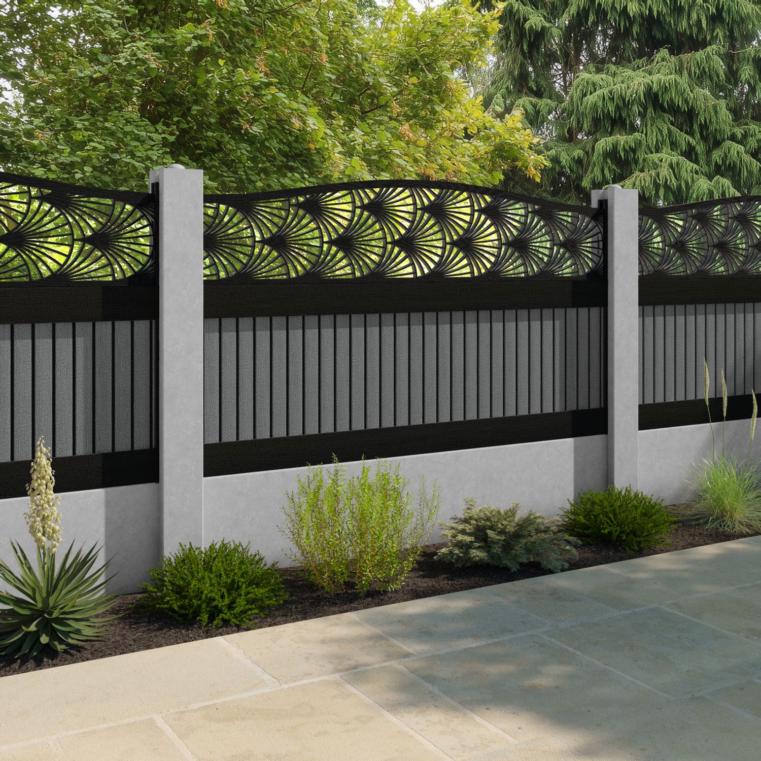 Virtis Laurel Curved Top Fence Panel - Mid Grey - for existing concrete posts