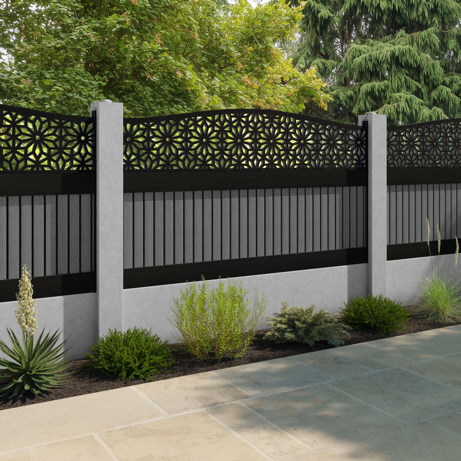 Virtis Narwa Curved Top Fence Panel - Mid Grey - for existing concrete posts