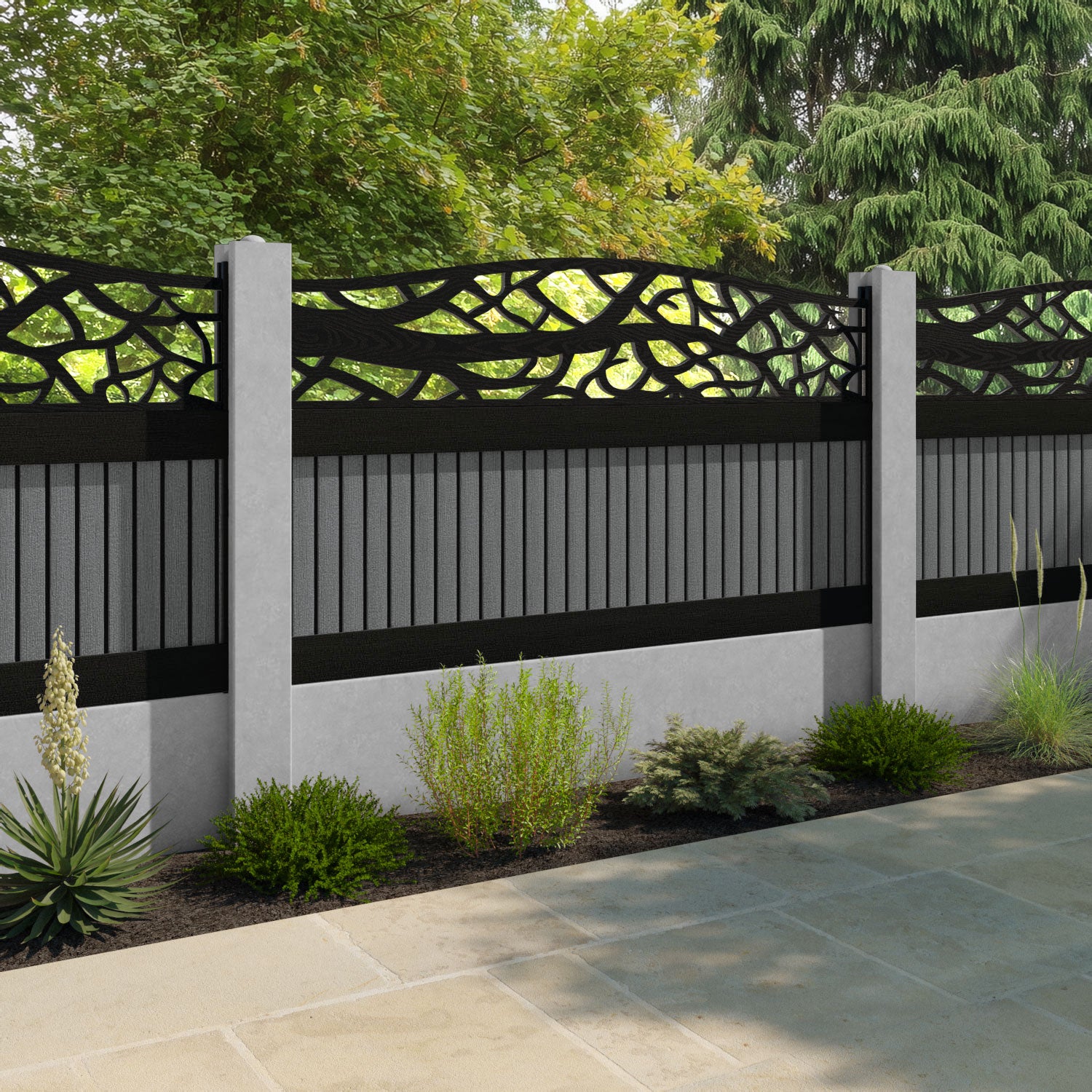 Virtis Twilight Curved Top Fence Panel - Mid Grey - for existing concrete posts