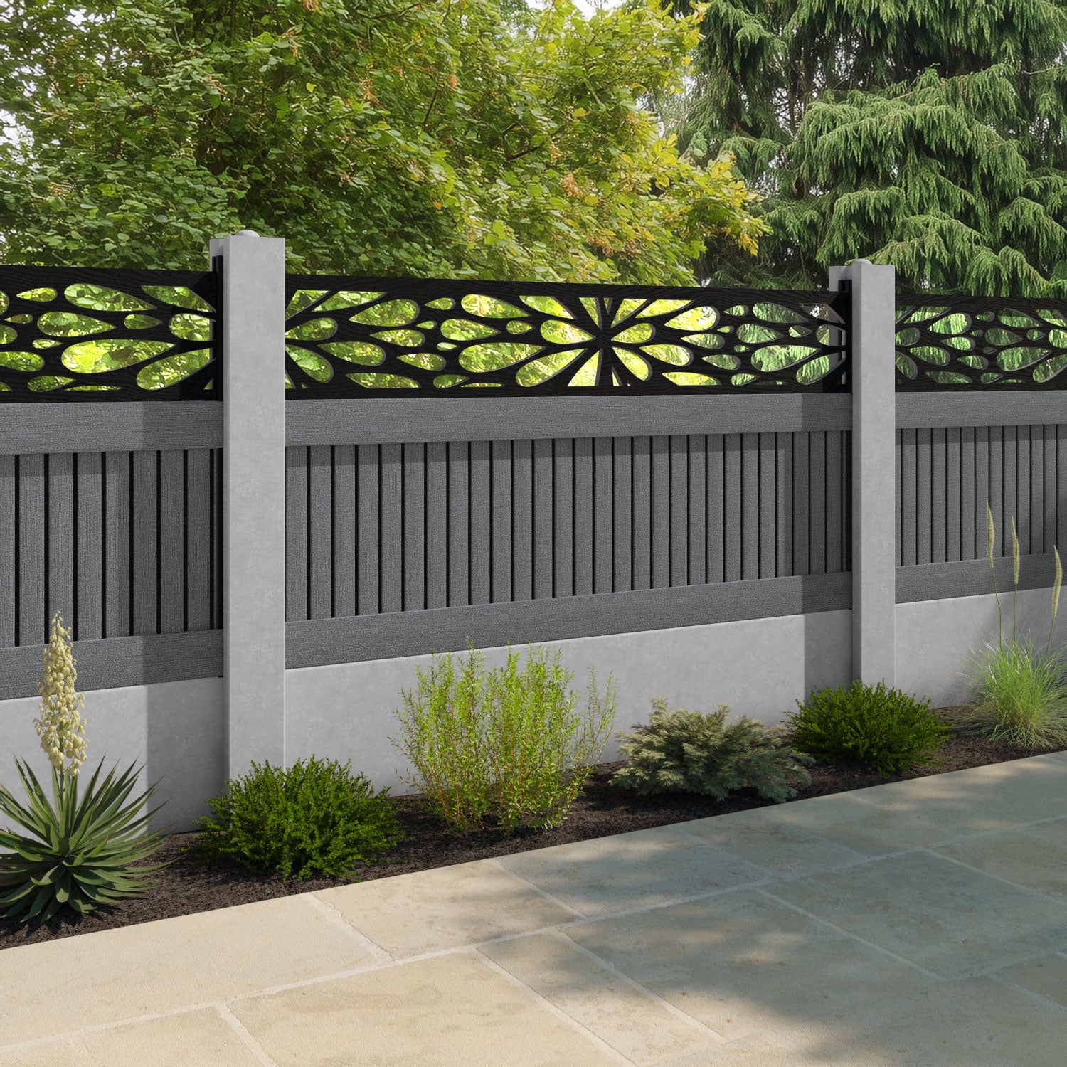Virtis Blossom Fence Panel - Mid Grey - for existing concrete posts