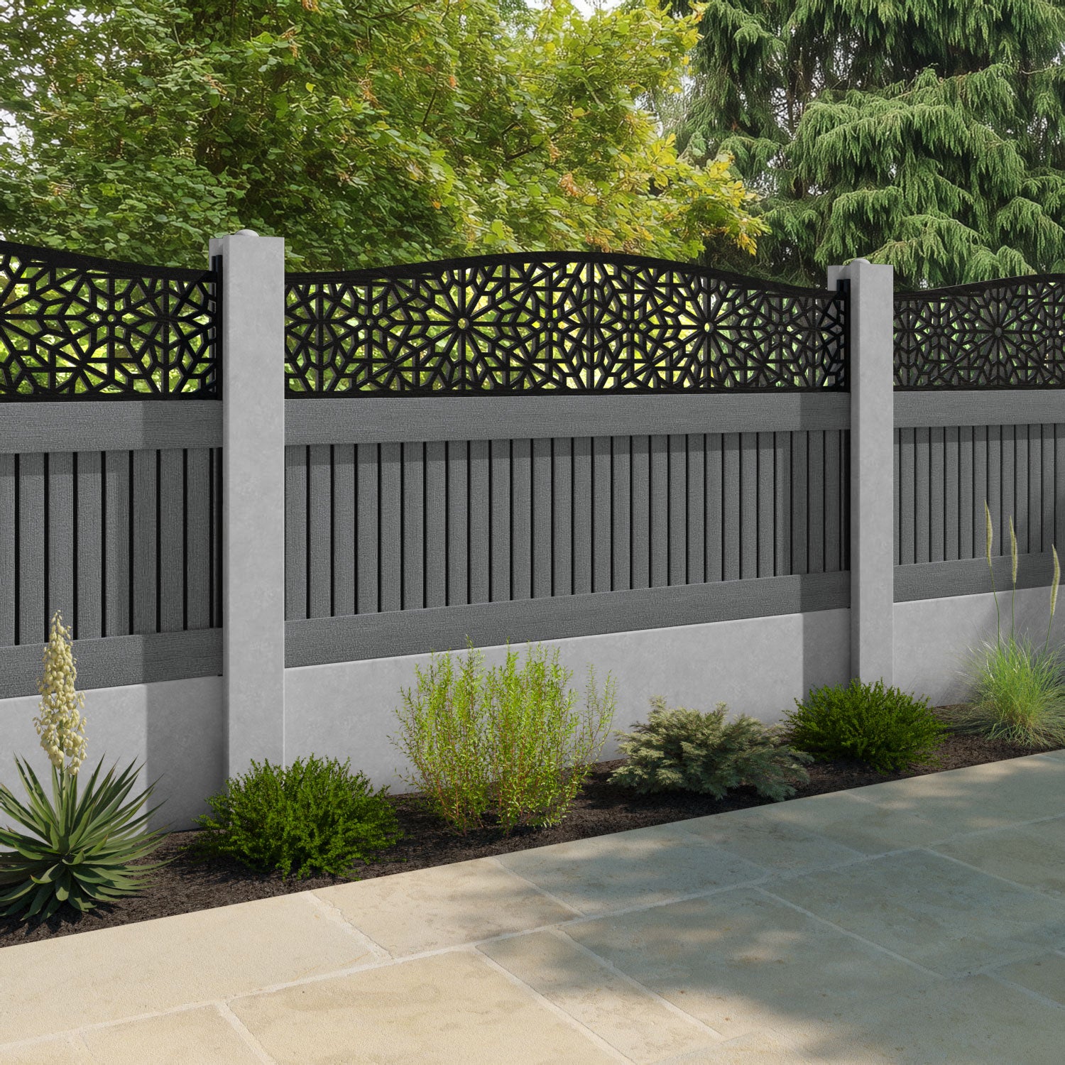 Virtis Alnara Curved Top Fence Panel - Mid Grey - for existing concrete posts