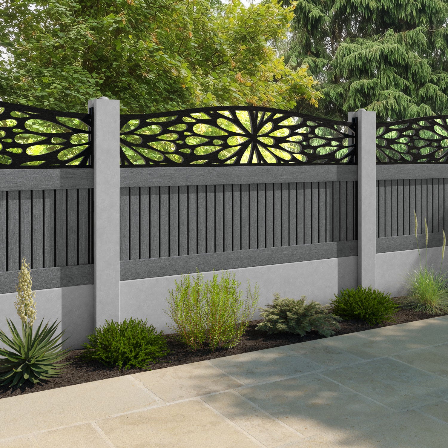 Virtis Blossom Curved Top Fence Panel - Mid Grey - for existing concrete posts