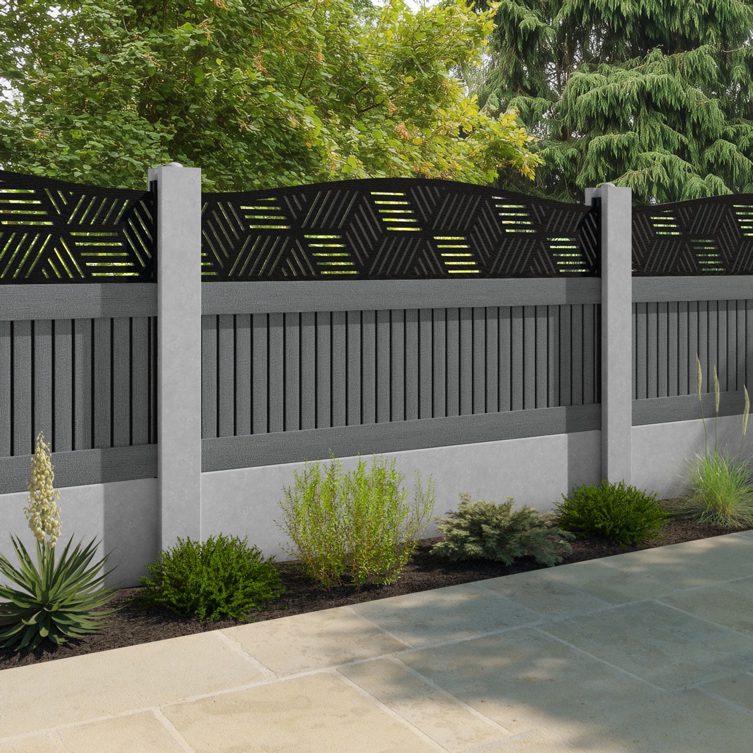 Virtis Cubed Curved Top Fence Panel - Mid Grey - for existing concrete posts