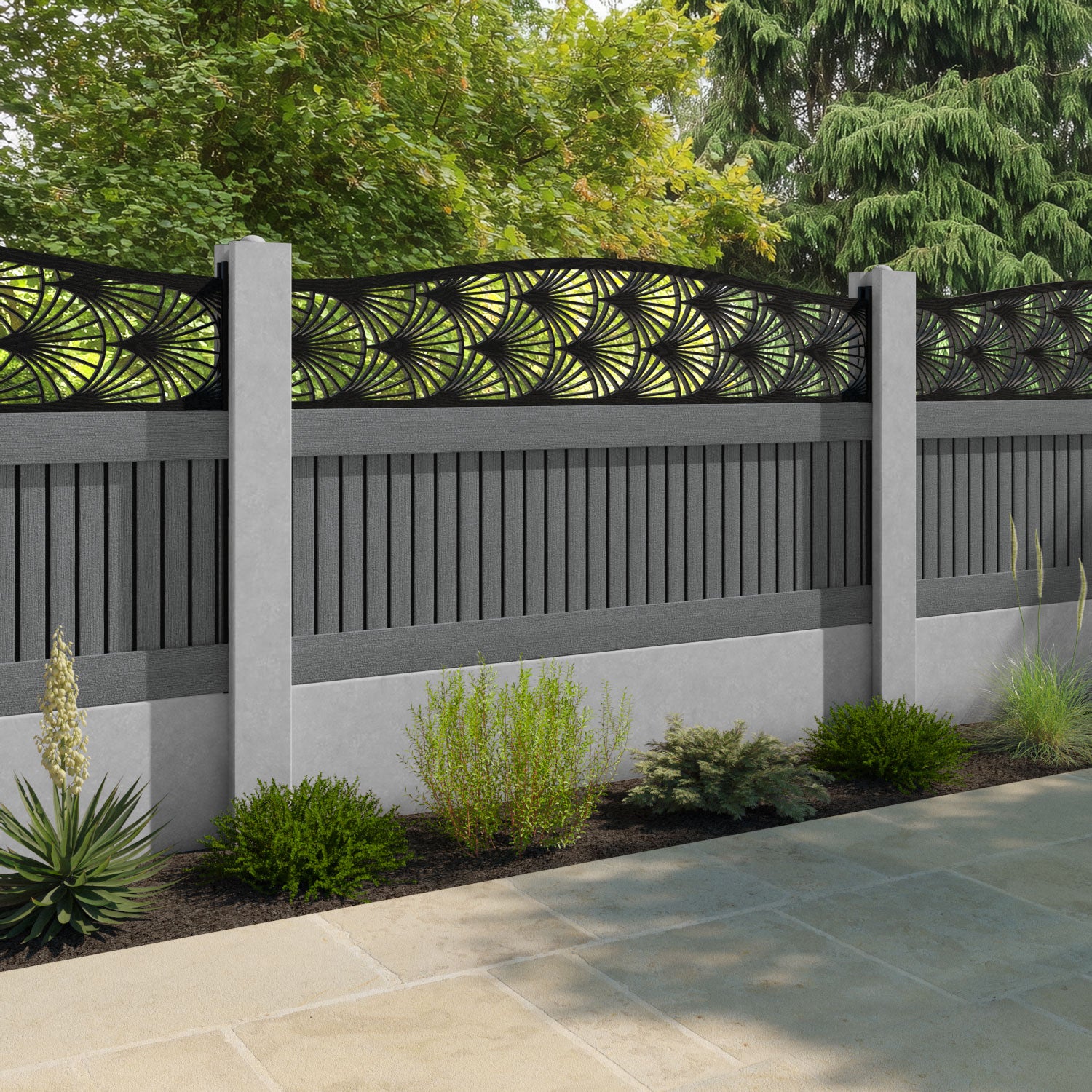 Virtis Laurel Curved Top Fence Panel - Mid Grey - for existing concrete posts
