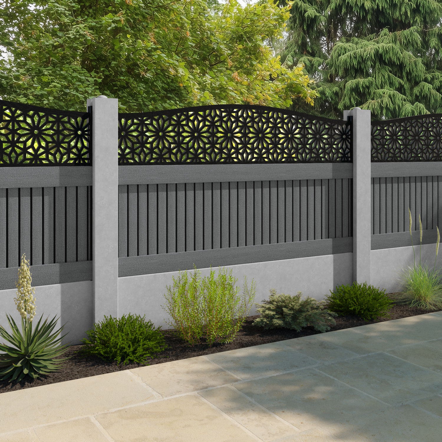 Virtis Narwa Curved Top Fence Panel - Mid Grey - for existing concrete posts