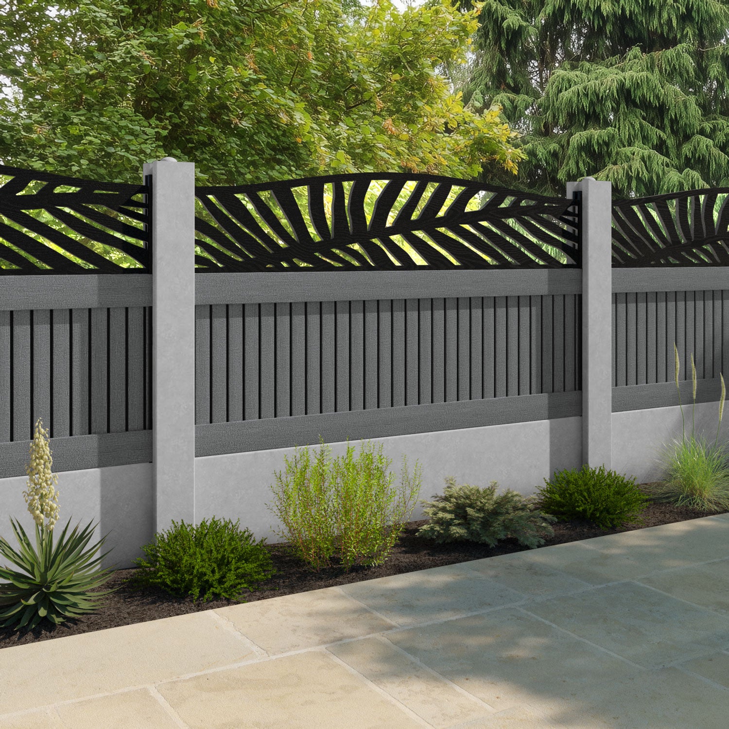 Virtis Palm Curved Top Fence Panel - Mid Grey - for existing concrete posts