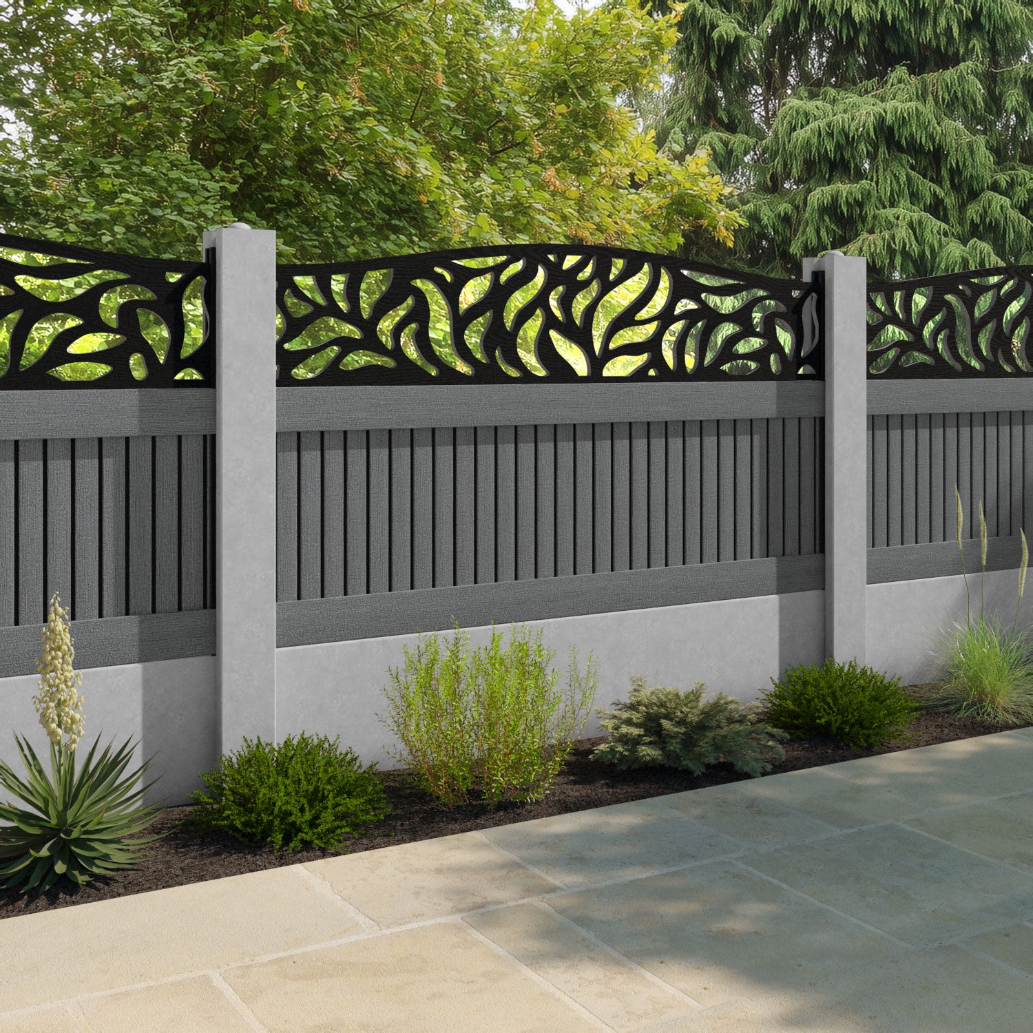 Virtis Plume Curved Top Fence Panel - Mid Grey - for existing concrete posts