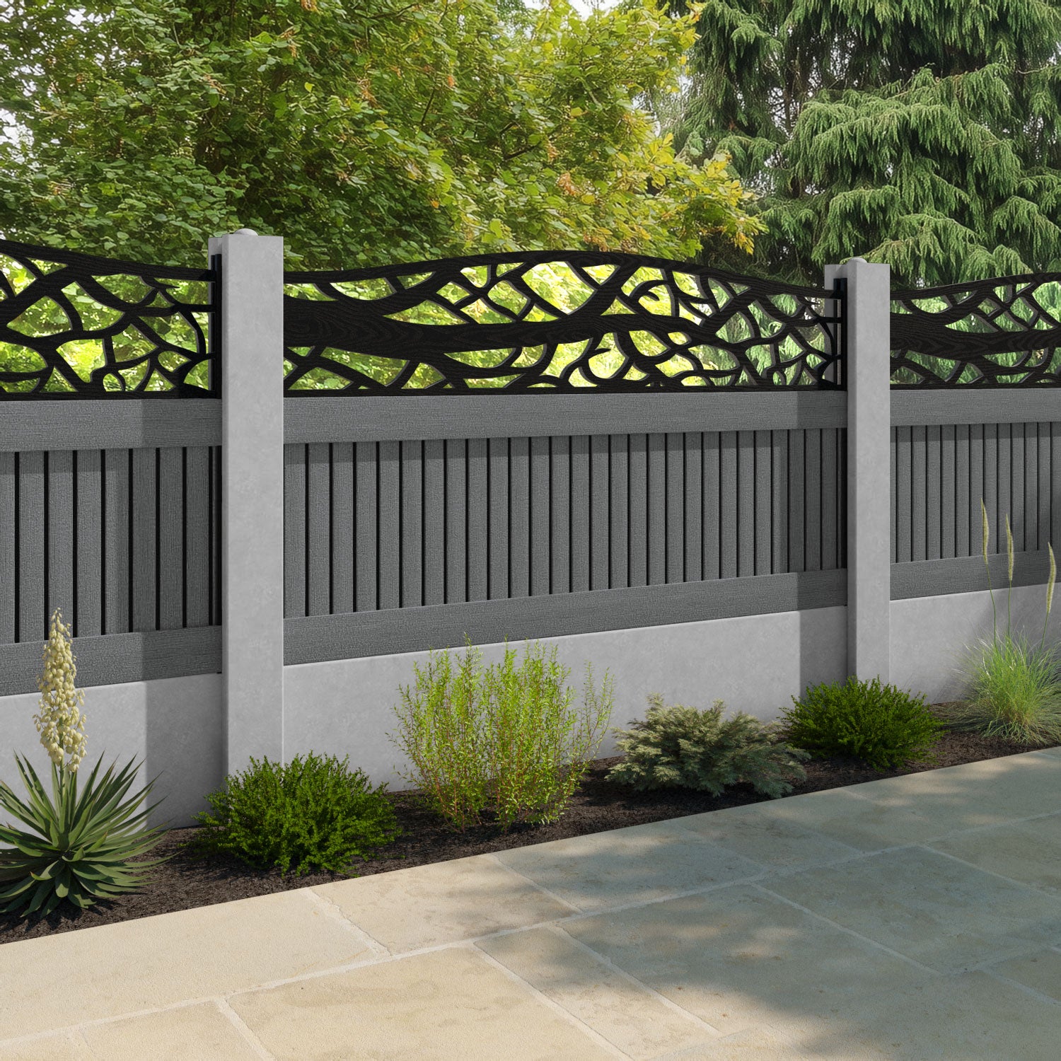 Virtis Twilight Curved Top Fence Panel - Mid Grey - for existing concrete posts