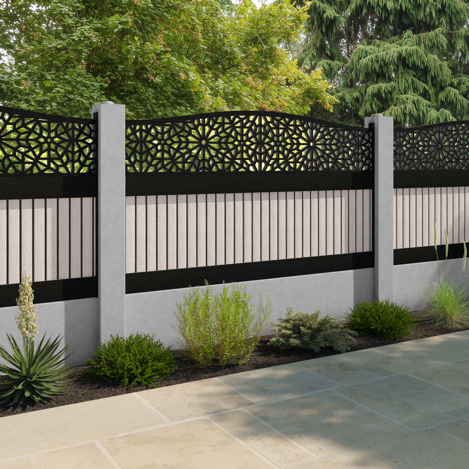 Virtis Alnara Curved Top Fence Panel - Mid Stone - for existing concrete posts
