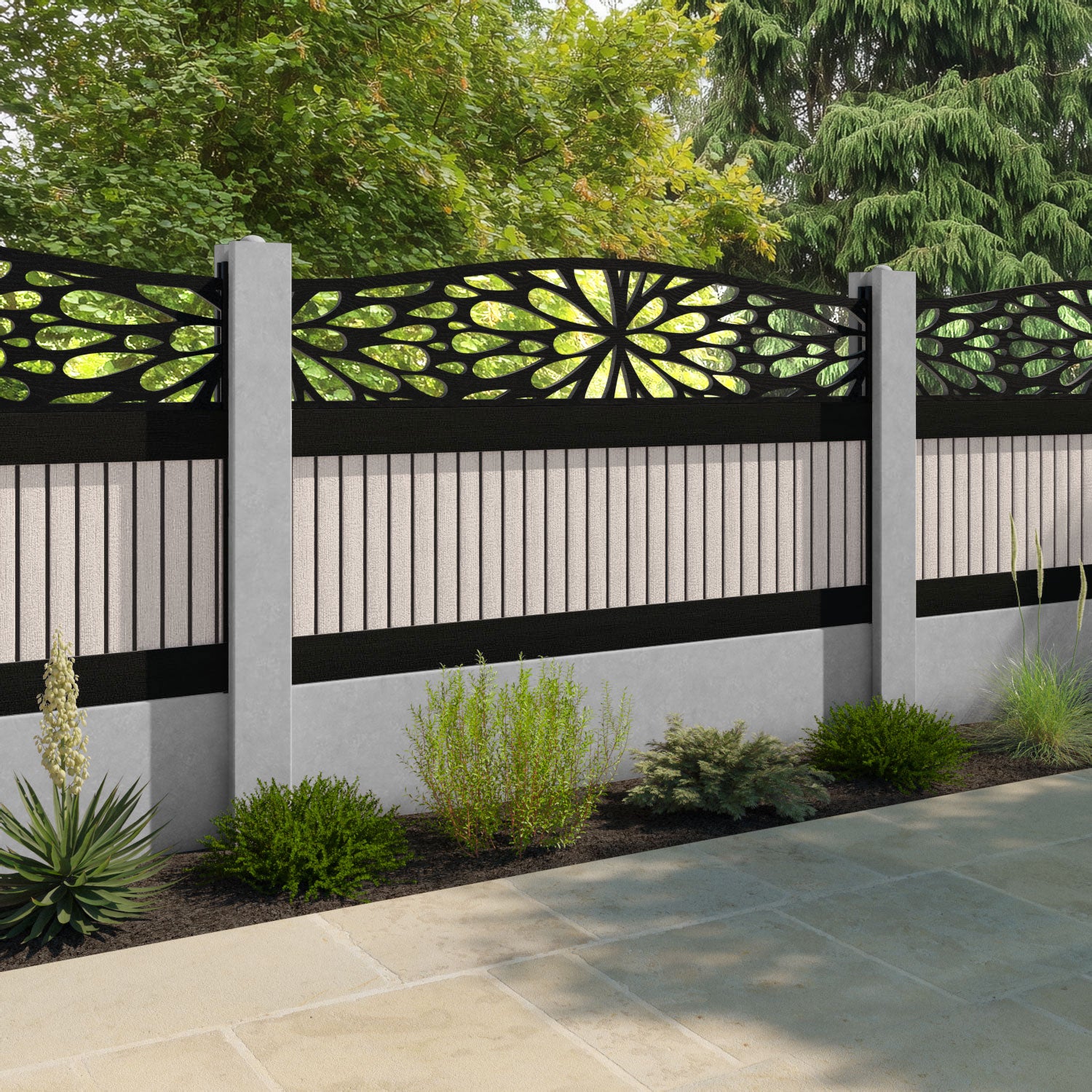 Virtis Blossom Curved Top Fence Panel - Mid Stone - for existing concrete posts