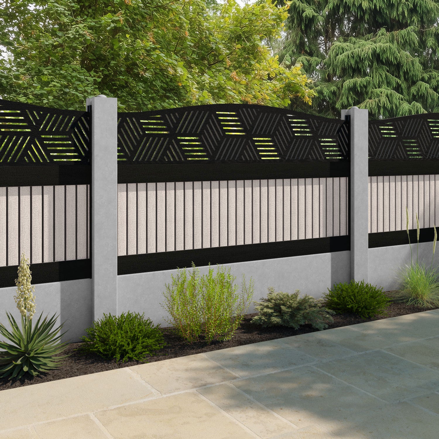 Virtis Cubed Curved Top Fence Panel - Mid Stone - for existing concrete posts