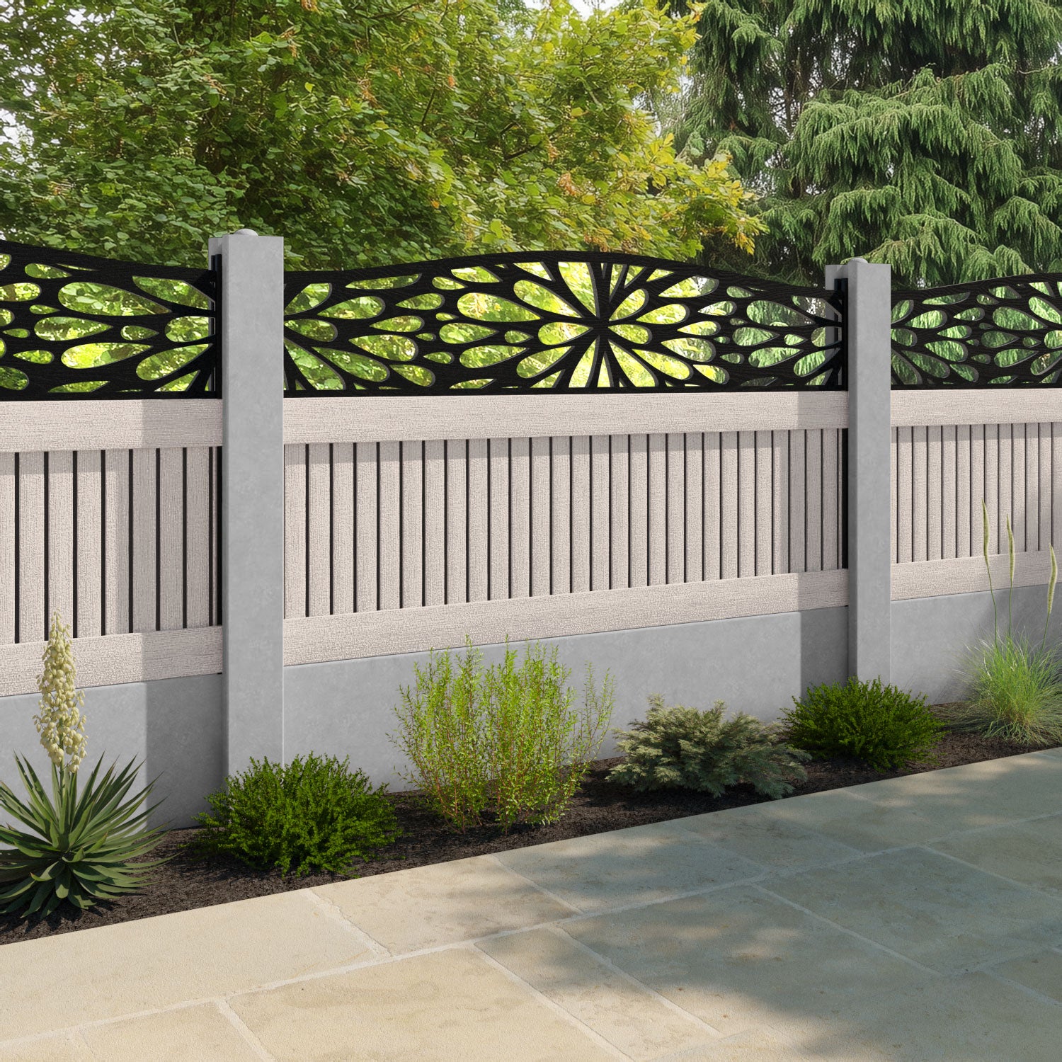 Virtis Blossom Curved Top Fence Panel - Mid Stone - for existing concrete posts