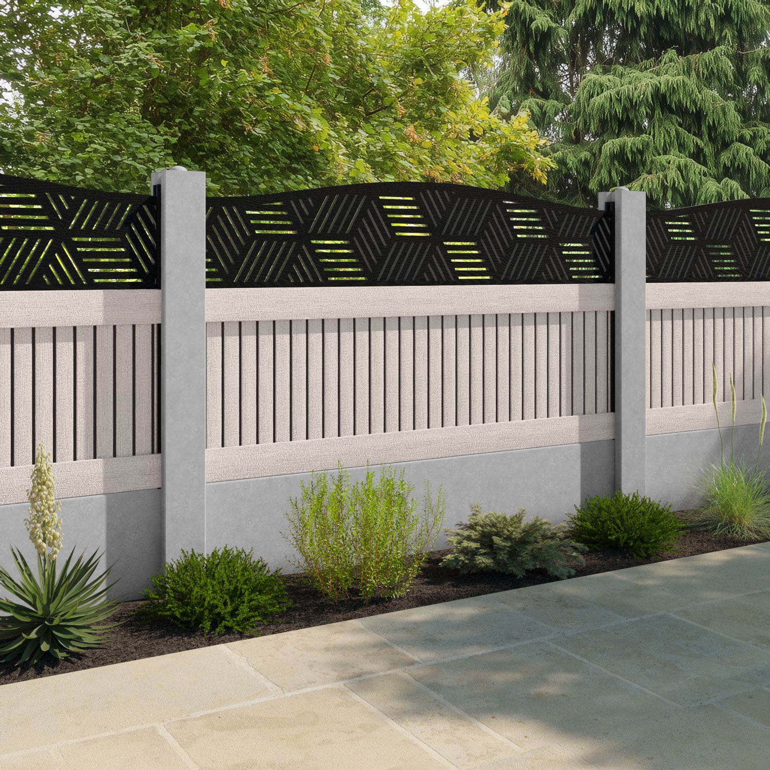Virtis Cubed Curved Top Fence Panel - Mid Stone - for existing concrete posts