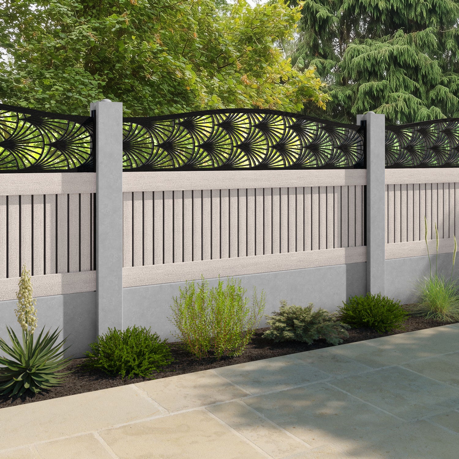 Virtis Laurel Curved Top Fence Panel - Mid Stone - for existing concrete posts